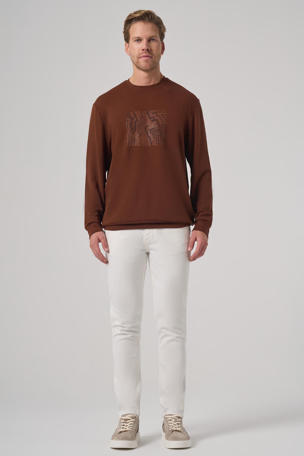 Morven Erkek Kiremit Trend Baskılı Bisiklet Yaka Sweatshirt