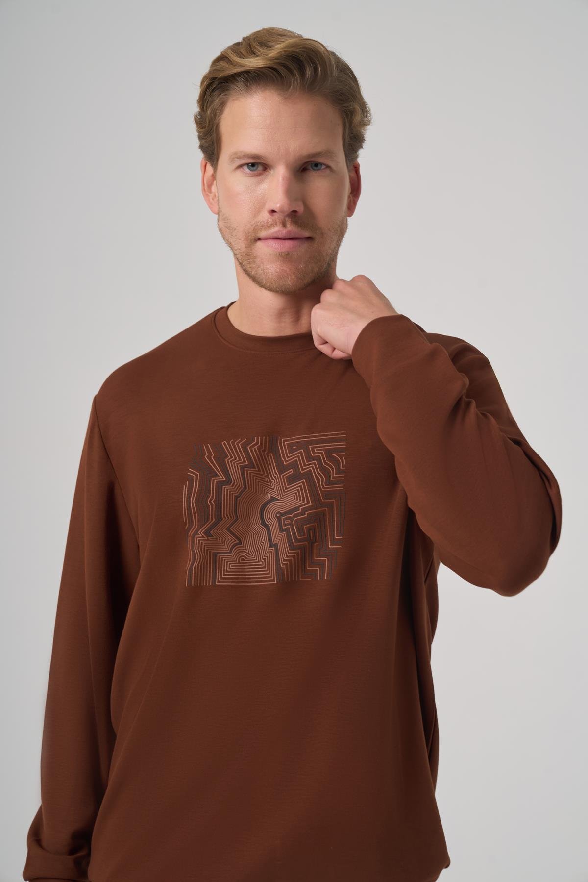 Morven Erkek Kiremit Trend Baskılı Bisiklet Yaka Sweatshirt