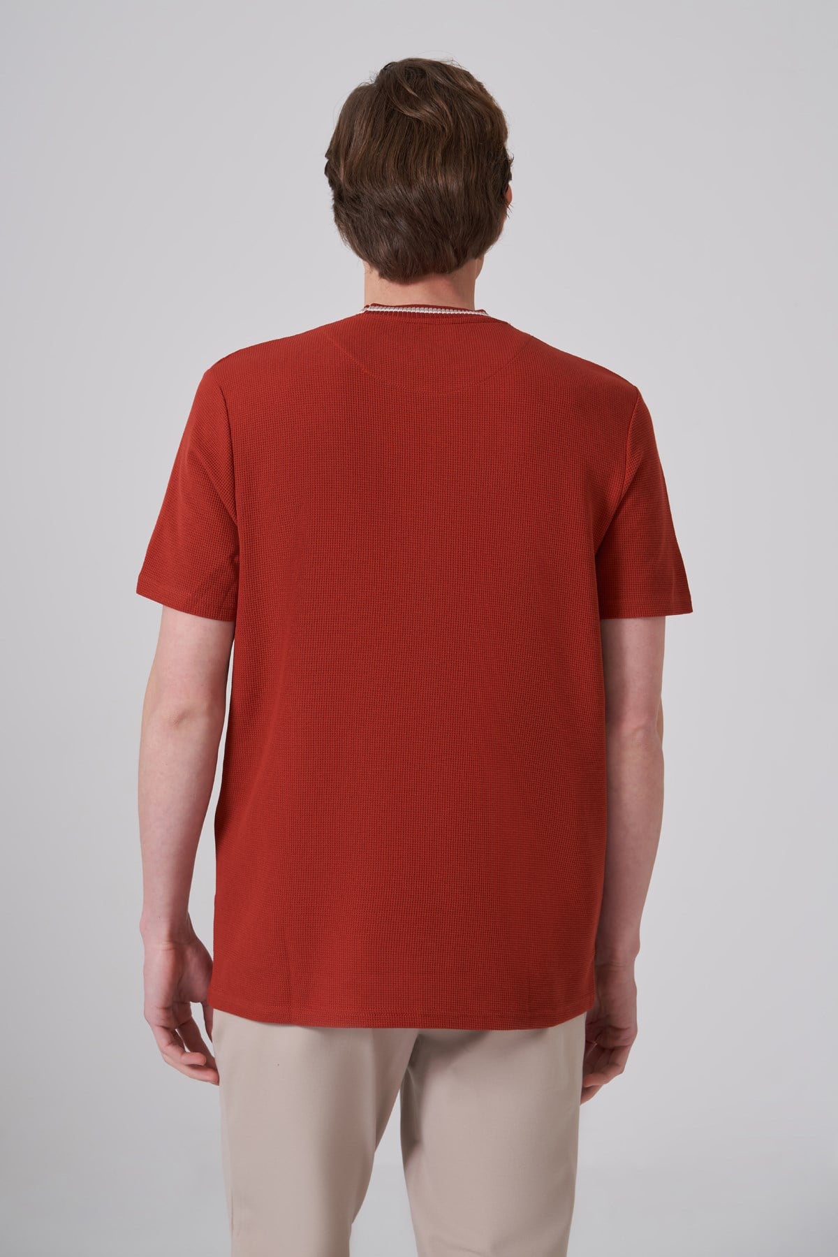 Morven Erkek Kiremit Trend Düz Penye  Bisiklet Yaka T-shirt