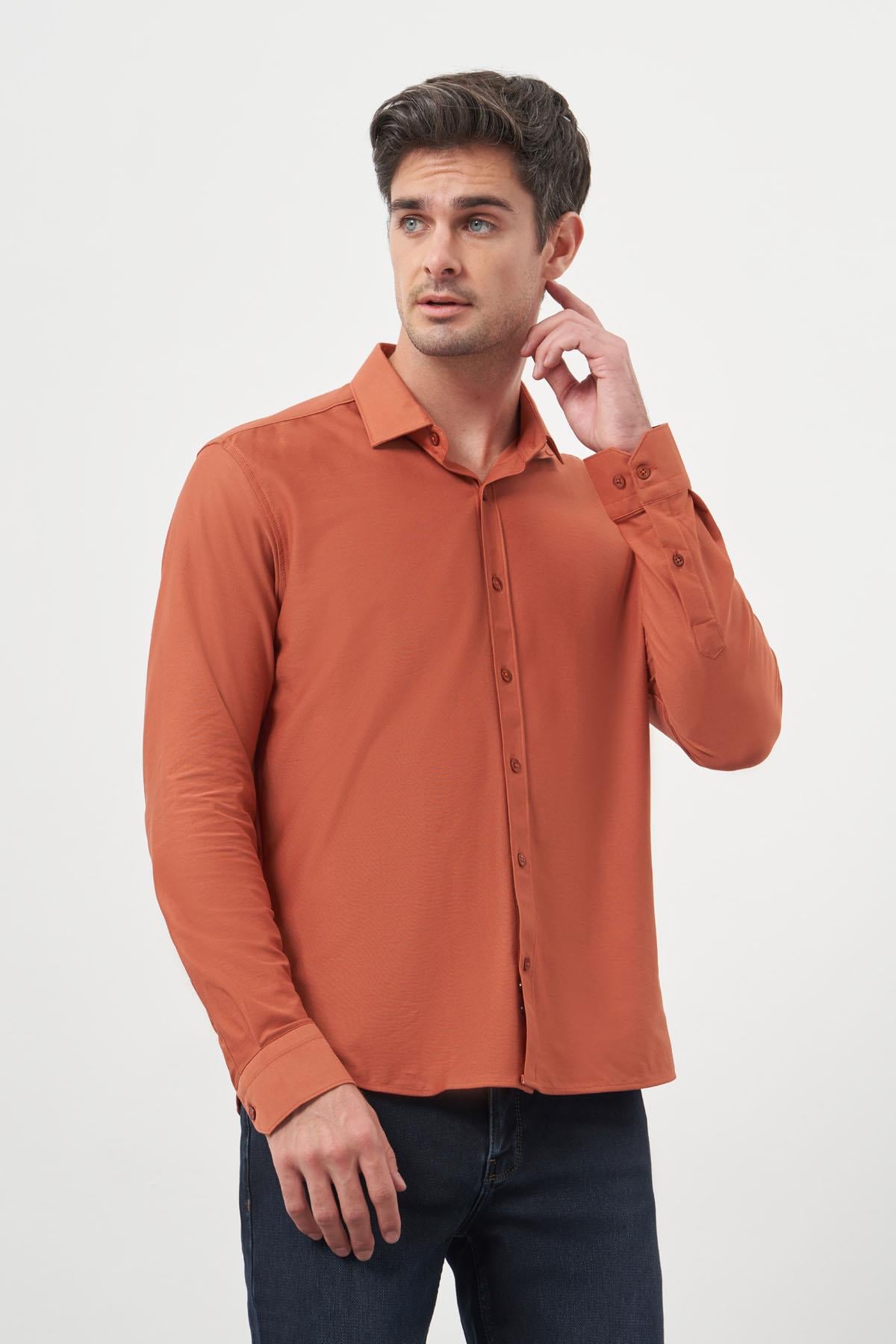 Morven Erkek Kiremit Trend Slim Fit İtalyan Yaka Relaxible Gömlek