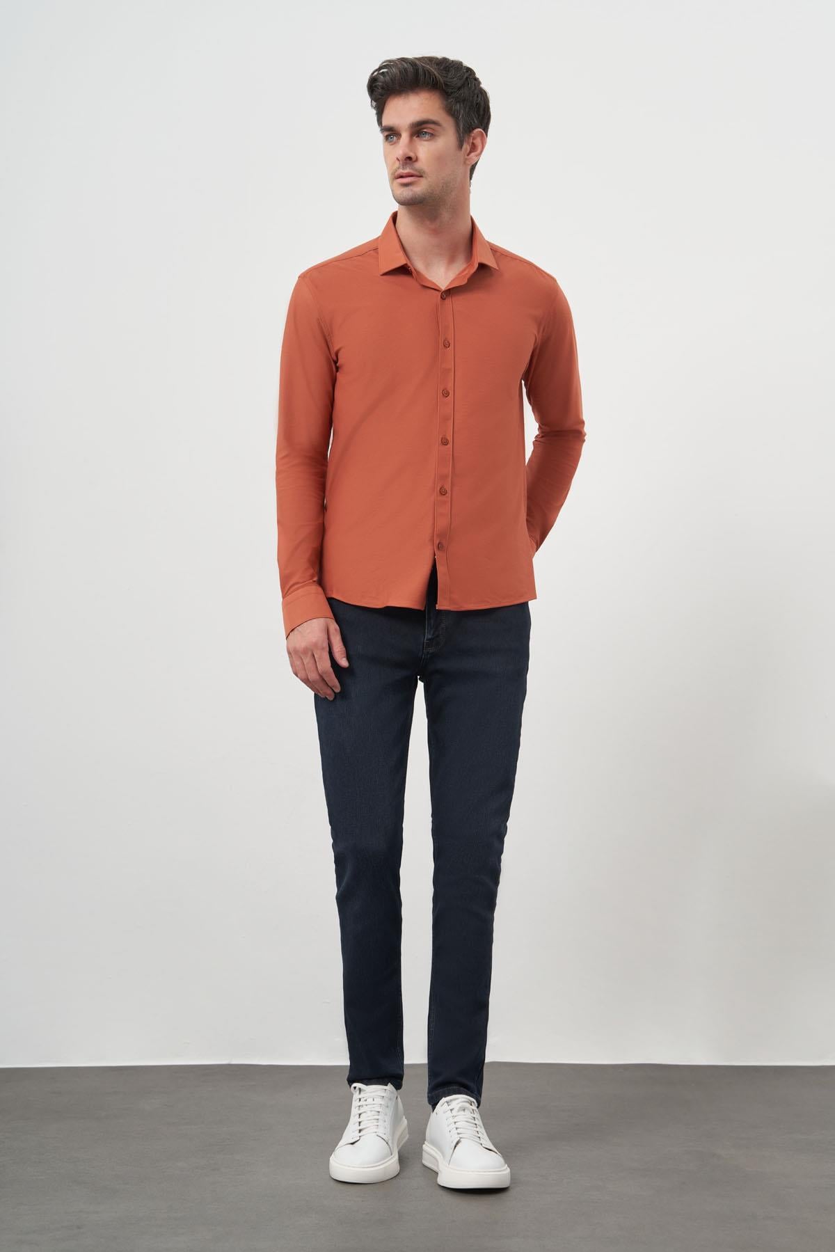 Morven Erkek Kiremit Trend Slim Fit İtalyan Yaka Relaxible Gömlek