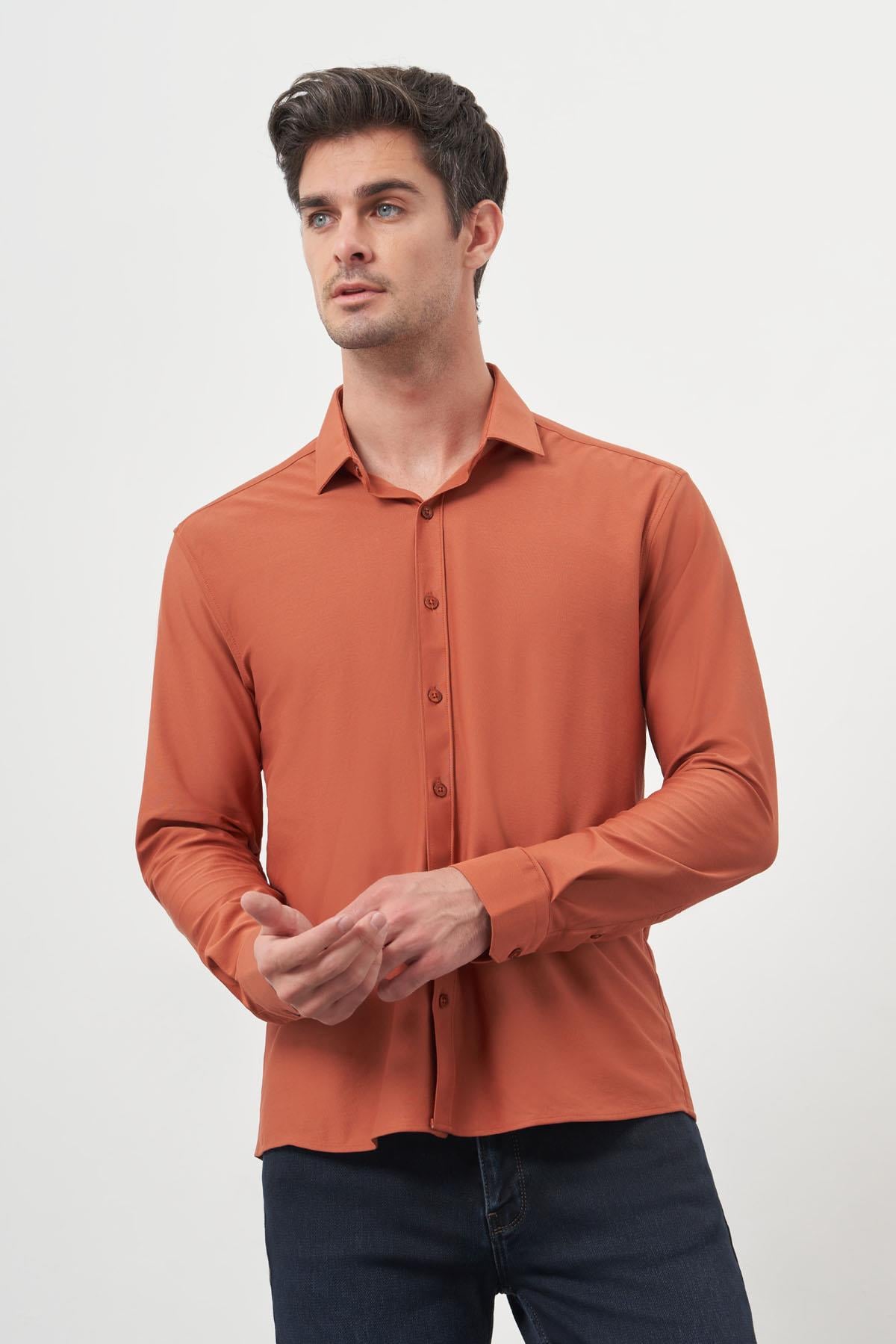 Morven Erkek Kiremit Trend Slim Fit İtalyan Yaka Relaxible Gömlek