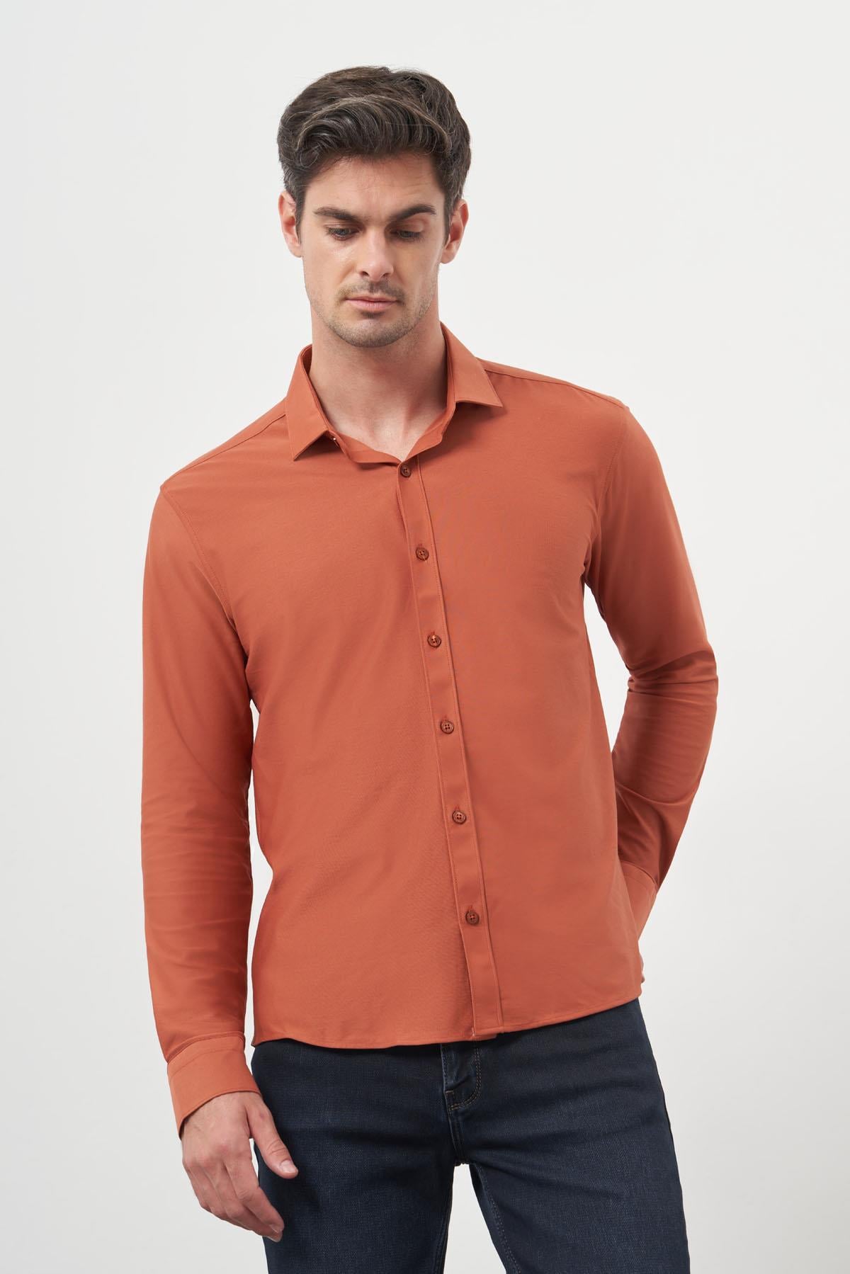 Morven Erkek Kiremit Trend Slim Fit İtalyan Yaka Relaxible Gömlek