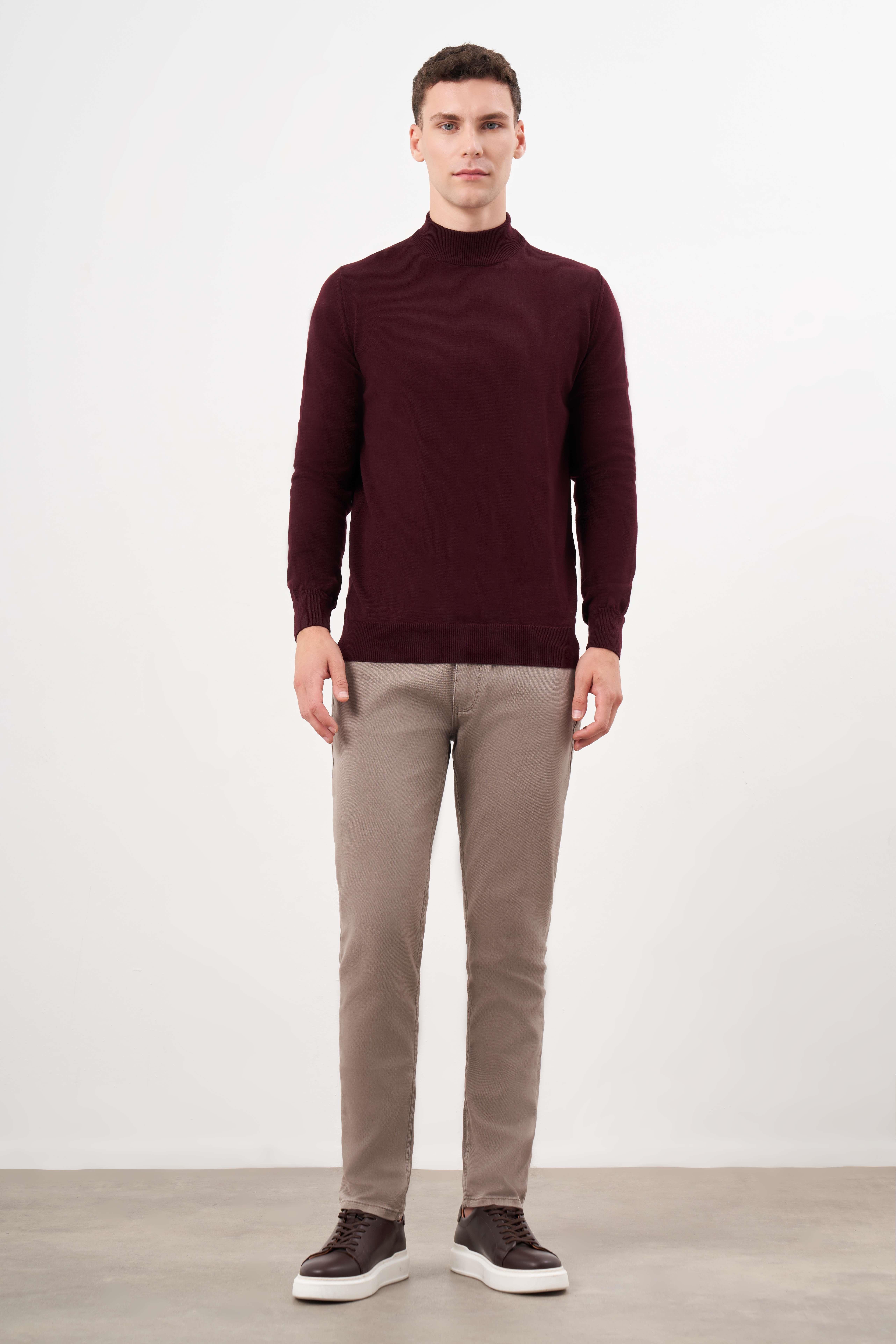 Morven Erkek Koyu Bordo Basic Yarım Balıkçı Yaka Dynamic Fit Rahat Kesim Triko