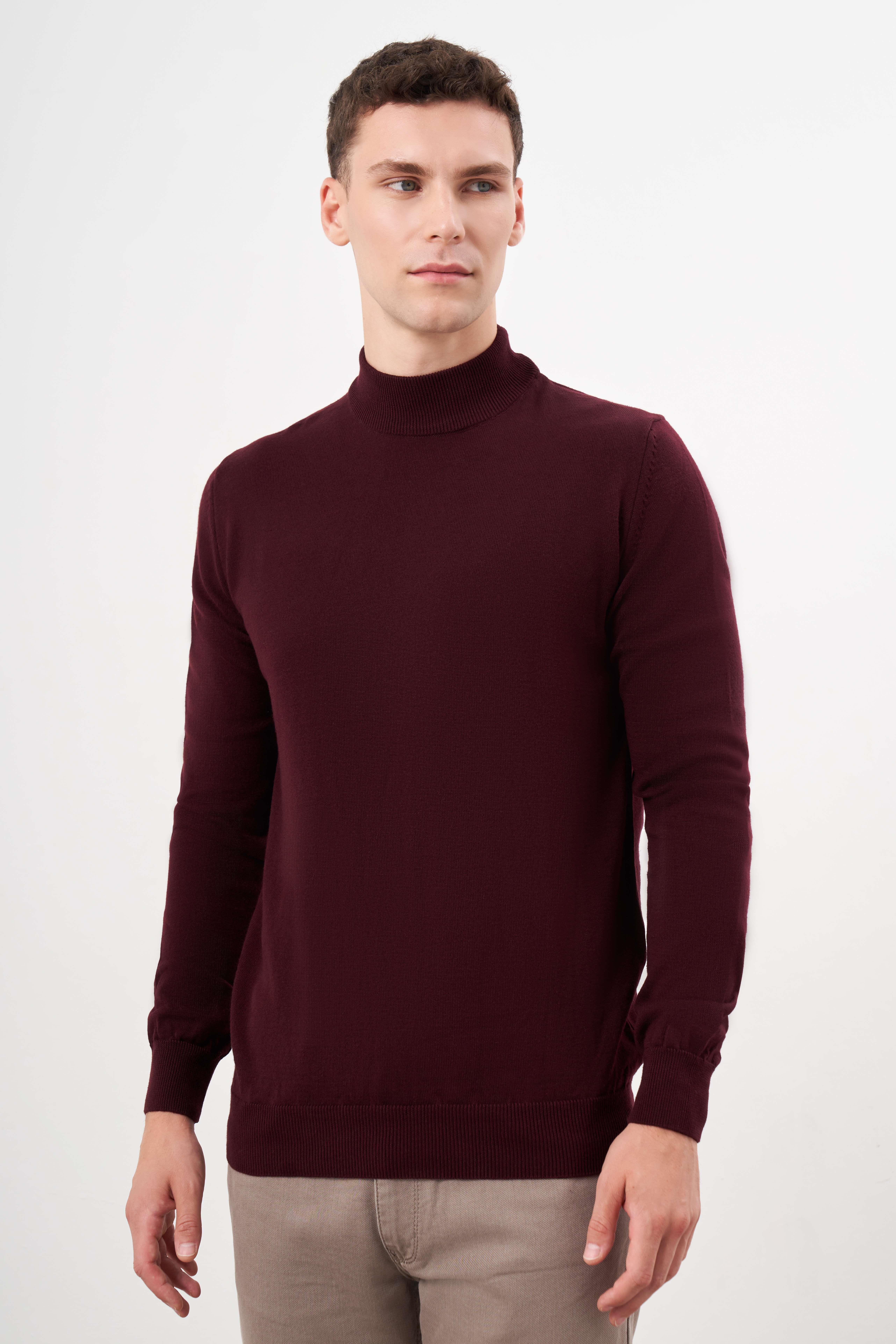 Morven Erkek Koyu Bordo Basic Yarım Balıkçı Yaka Dynamic Fit Rahat Kesim Triko