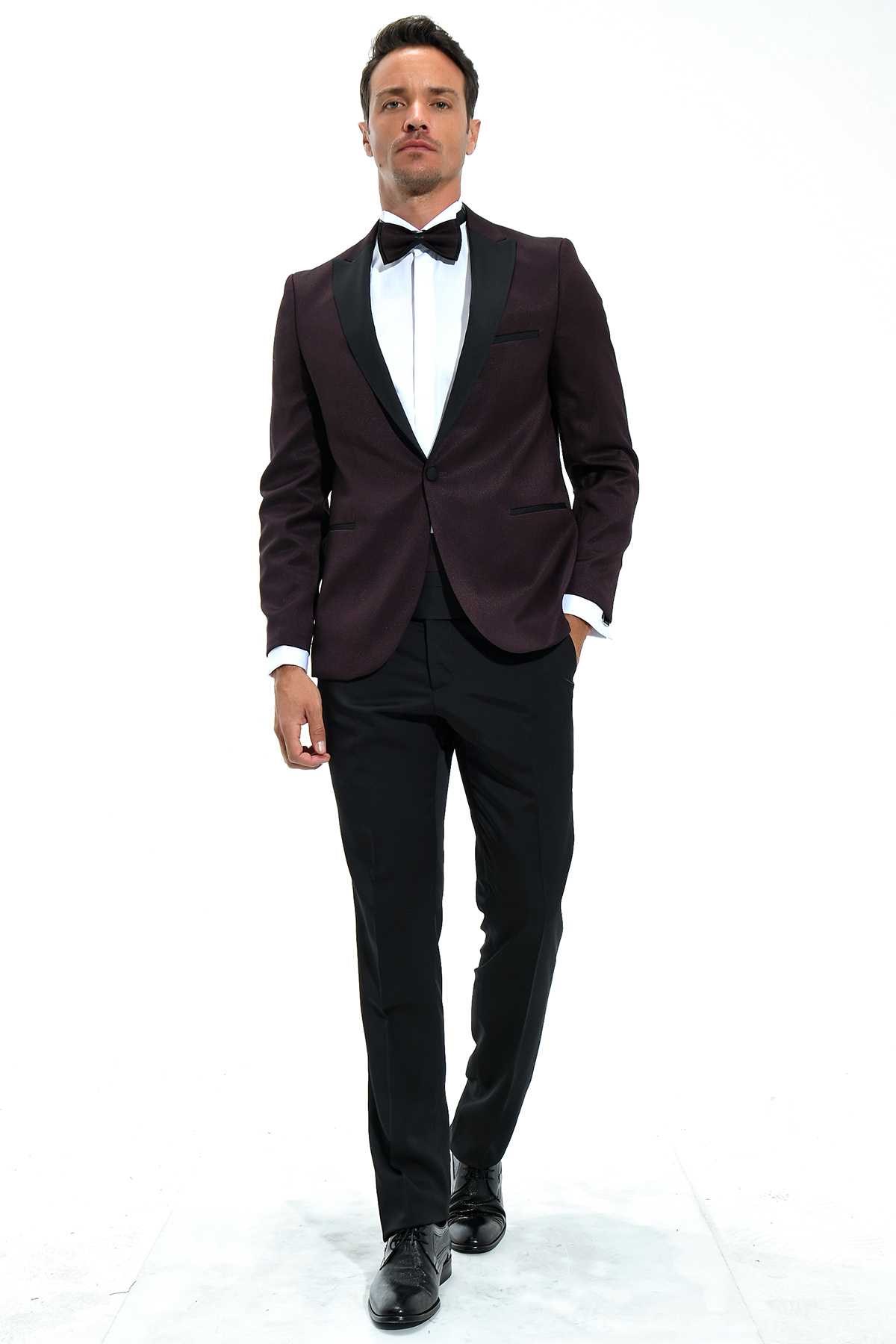 Morven Erkek Koyu Bordo Modena Slimfit Jakarlı Smokin