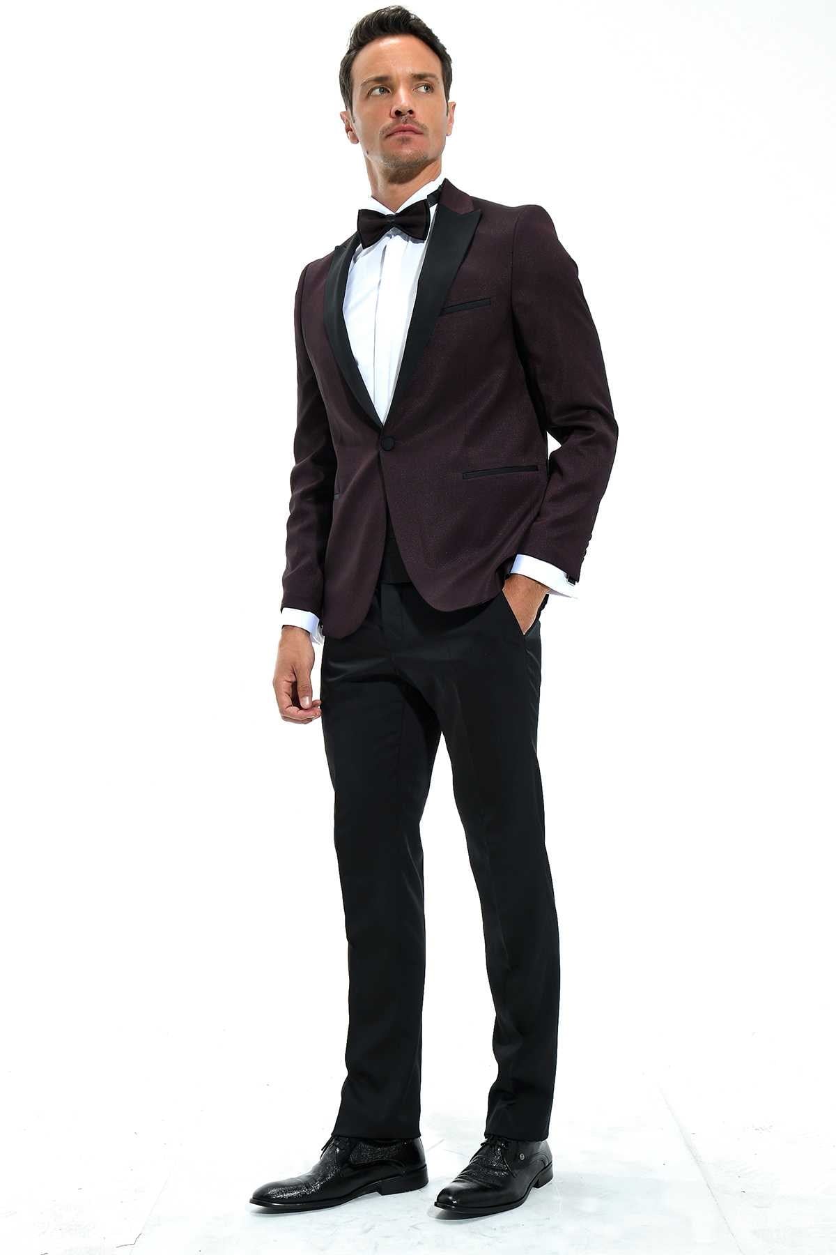 Morven Erkek Koyu Bordo Modena Slimfit Jakarlı Smokin