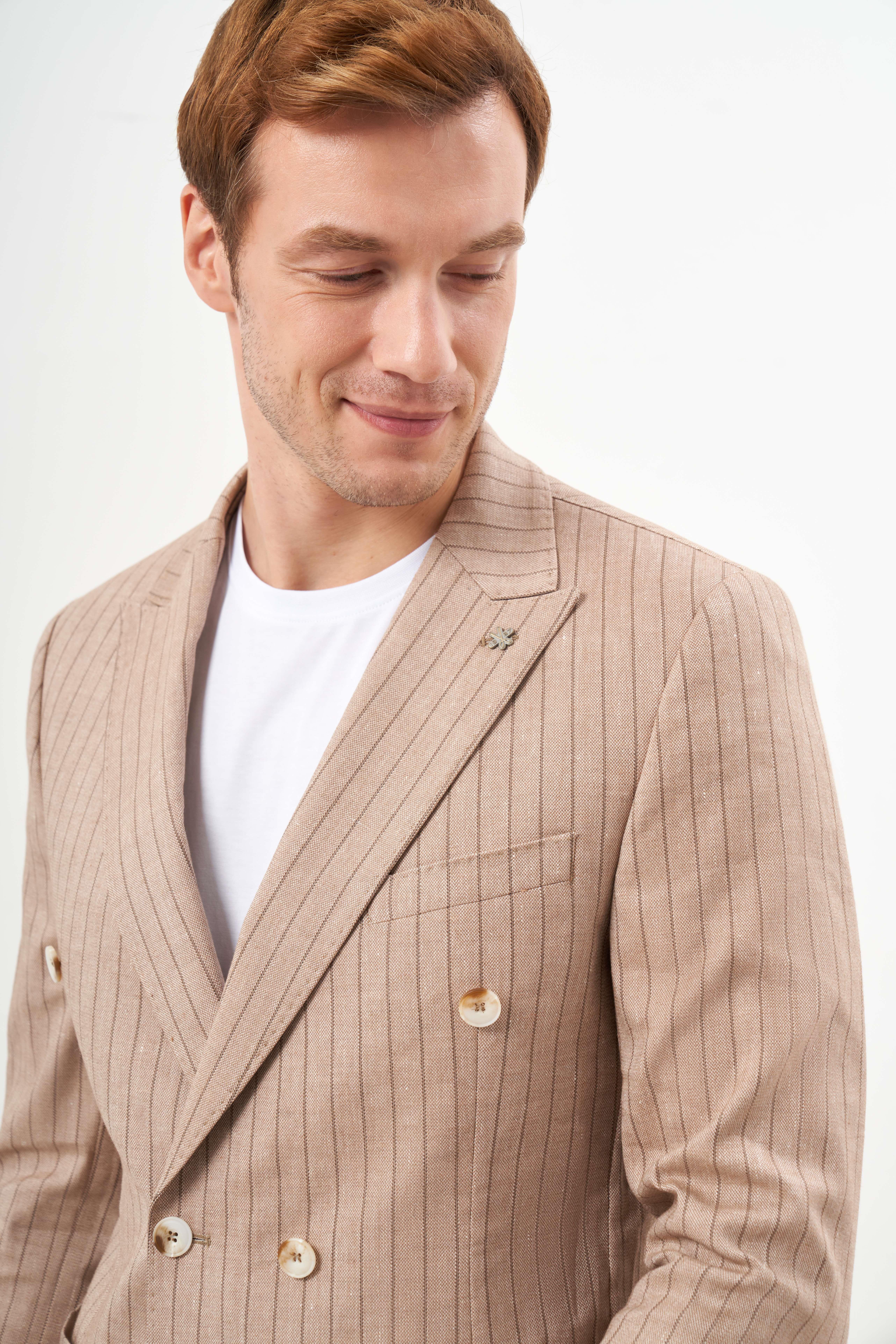 Morven Erkek Kremrengi Keten Trend Kruvaze Slim Fit Sivri Yaka Takım Elbise