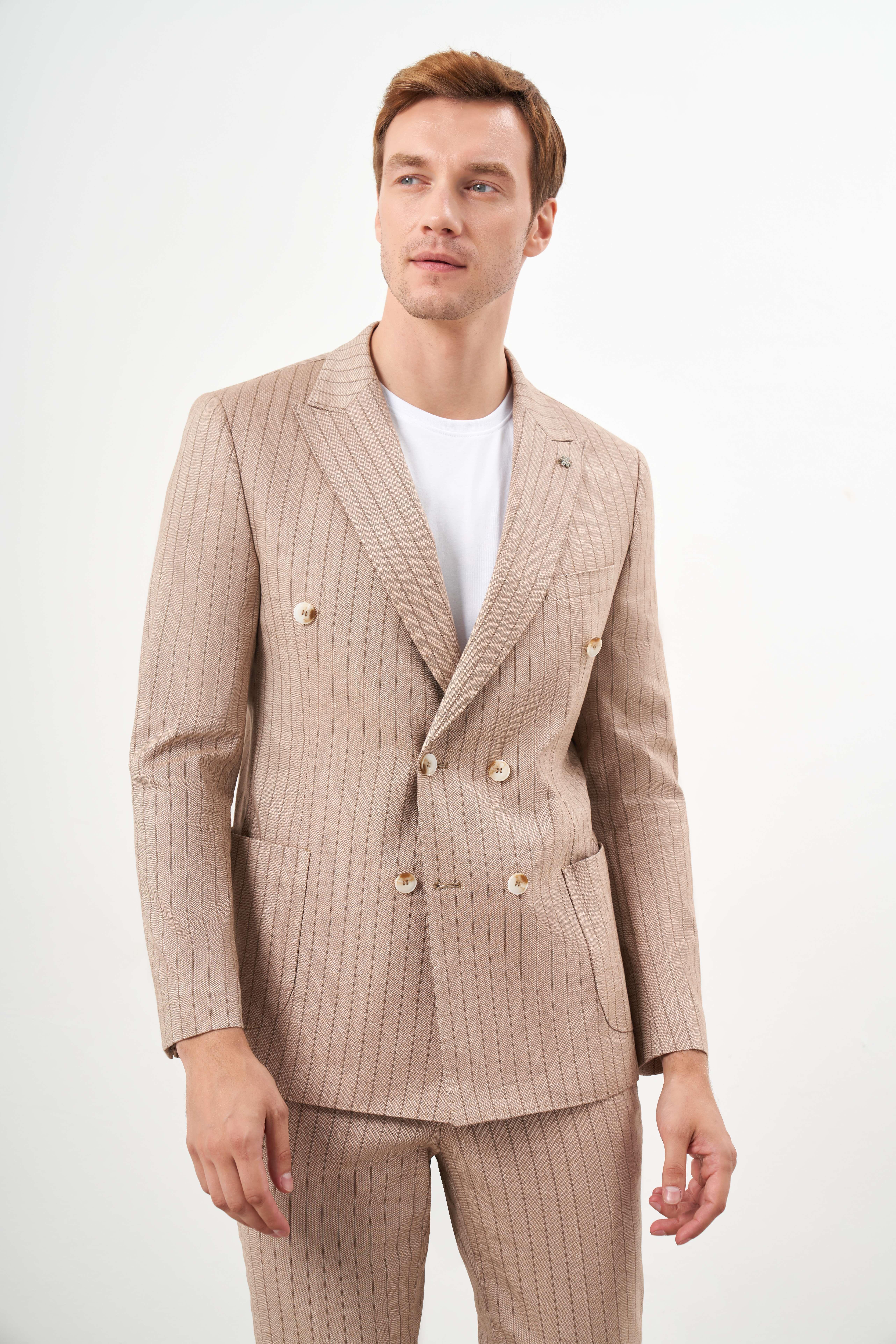 Morven Erkek Kremrengi Keten Trend Kruvaze Slim Fit Sivri Yaka Takım Elbise