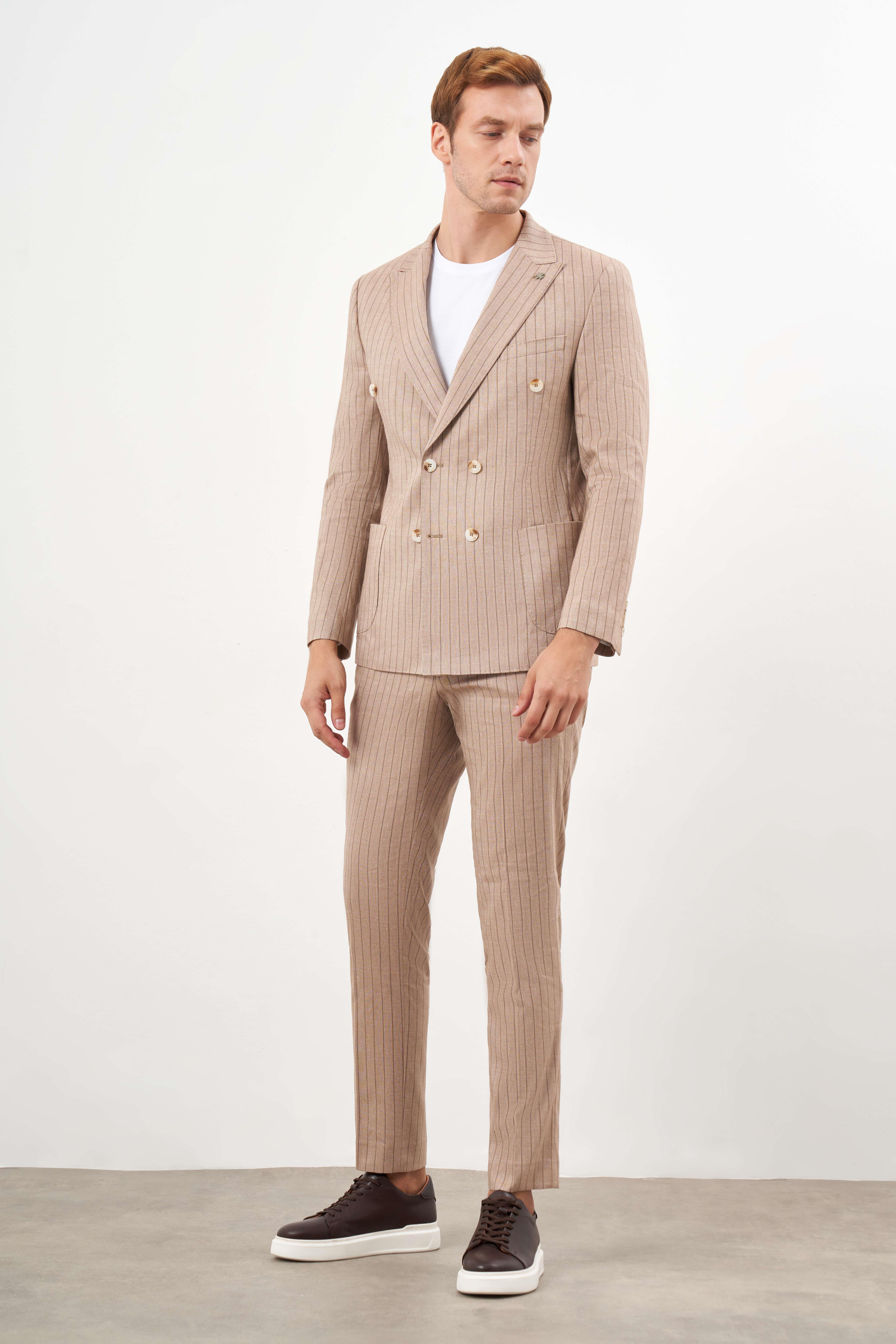 Morven Erkek Kremrengi Keten Trend Kruvaze Slim Fit Sivri Yaka Takım Elbise