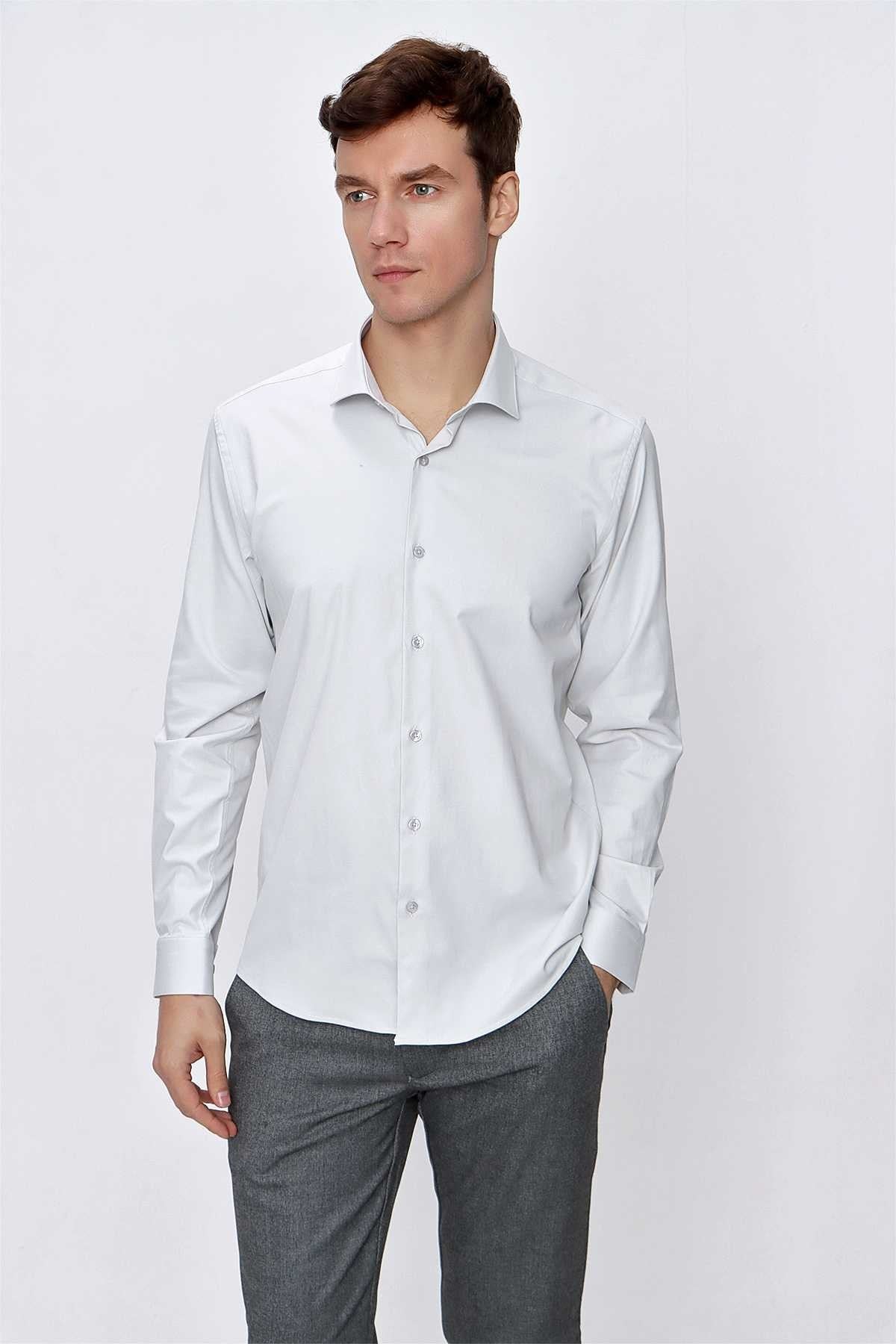 Morven Erkek Kremrengi Saten Lycra Slim Fit Dar Kesim Gömlek