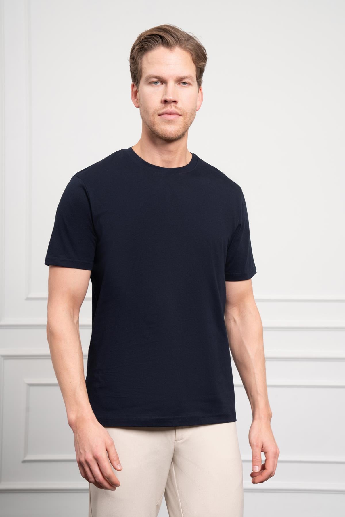 Morven Erkek Lacivert Basic Bisiklet Yaka Dynamic Fit Pamuk T-Shirt