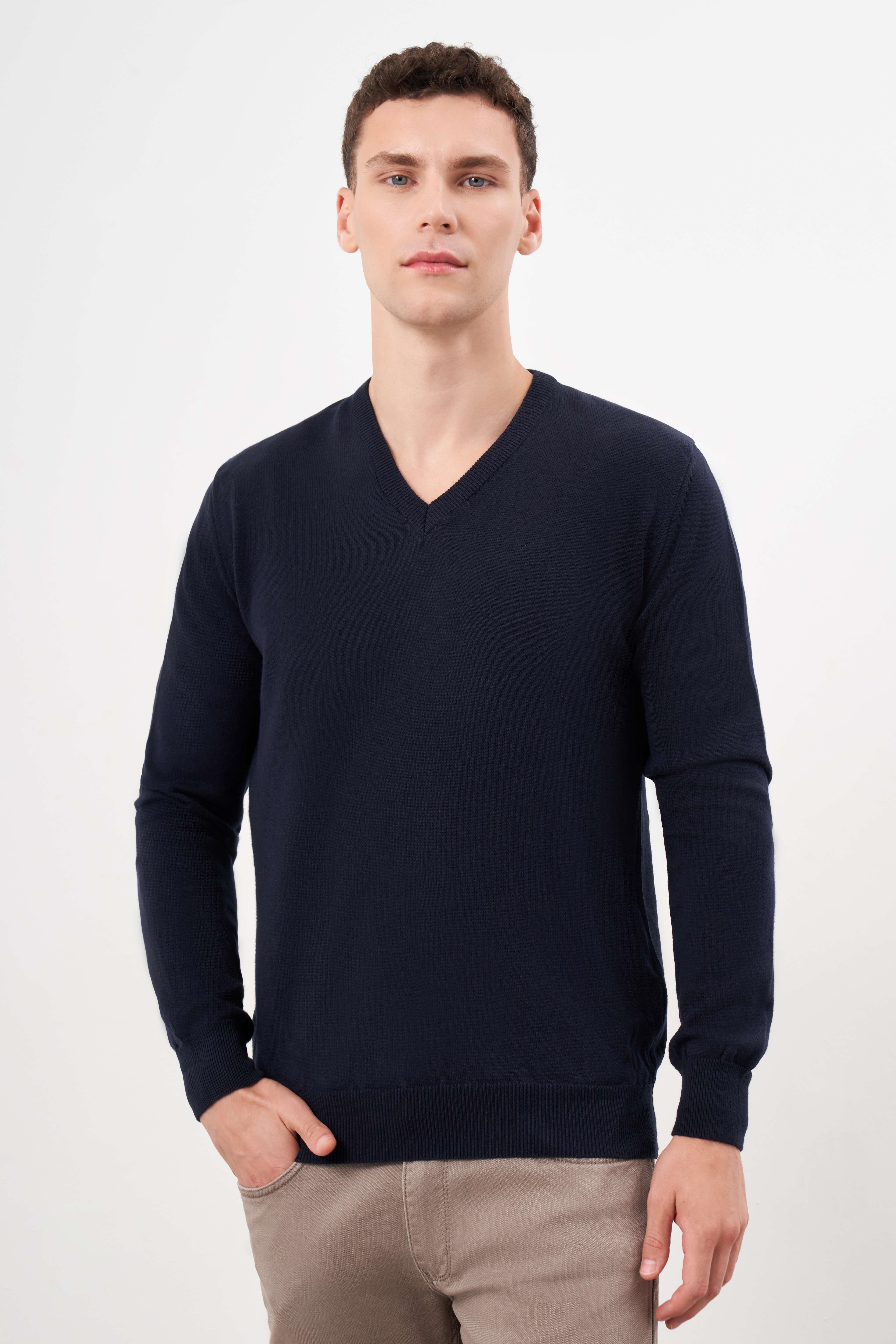 Morven Erkek Lacivert Basic V Yaka Dynamic Fit Rahat Kesim Triko