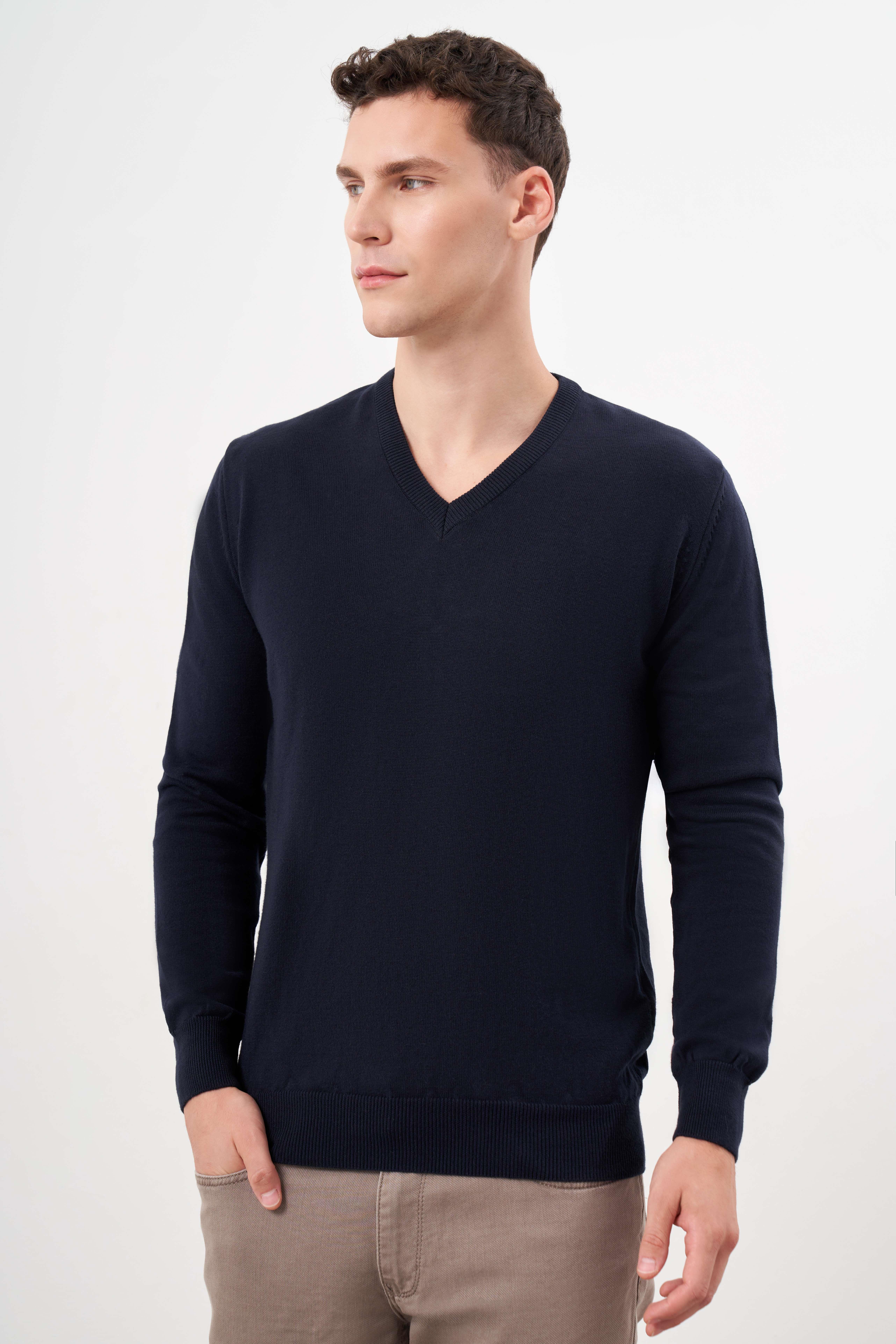 Morven Erkek Lacivert Basic V Yaka Dynamic Fit Rahat Kesim Triko