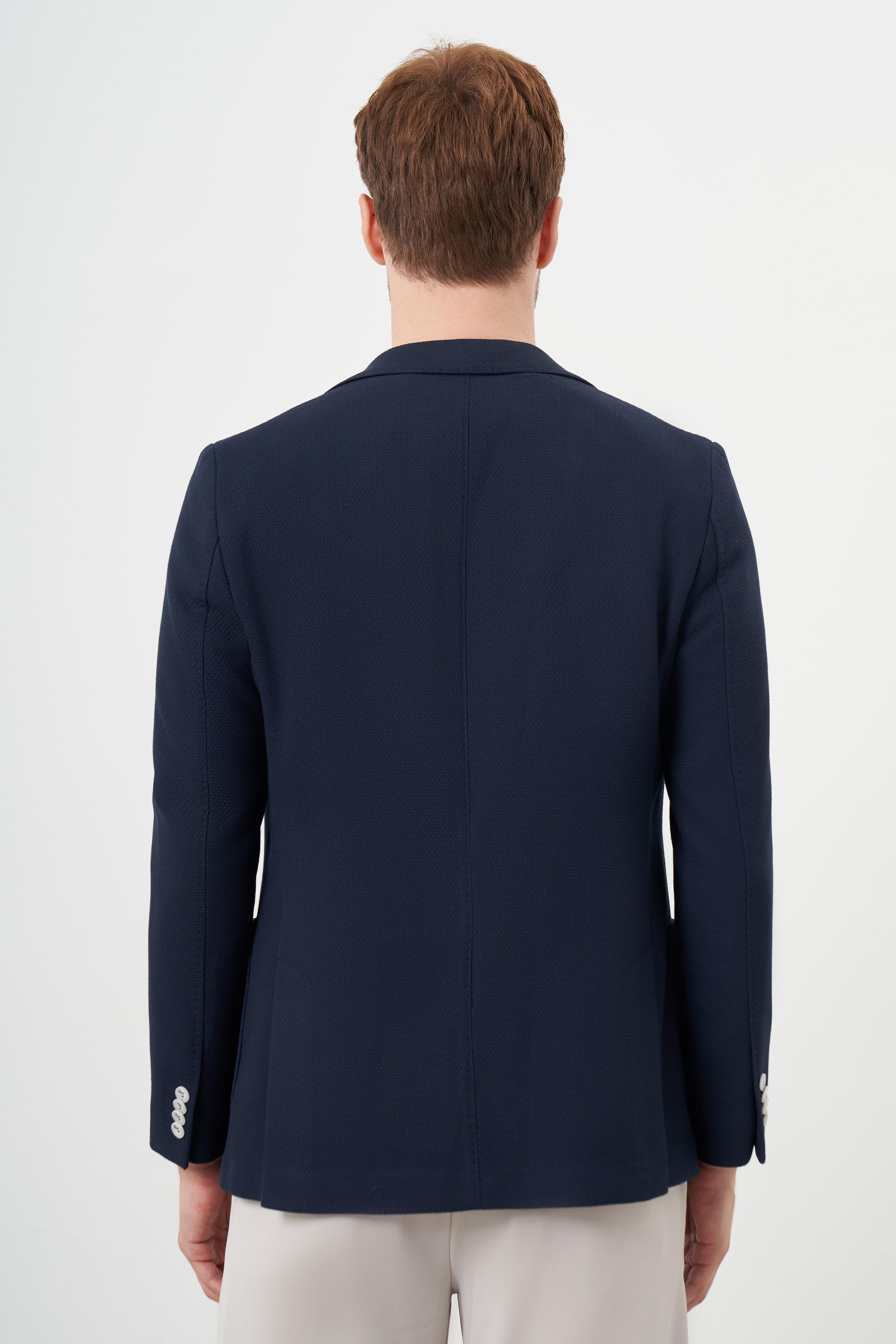 Morven Erkek Lacivert Dokuma Slim Fit Torba Cep Mono Yaka Spor Ceket