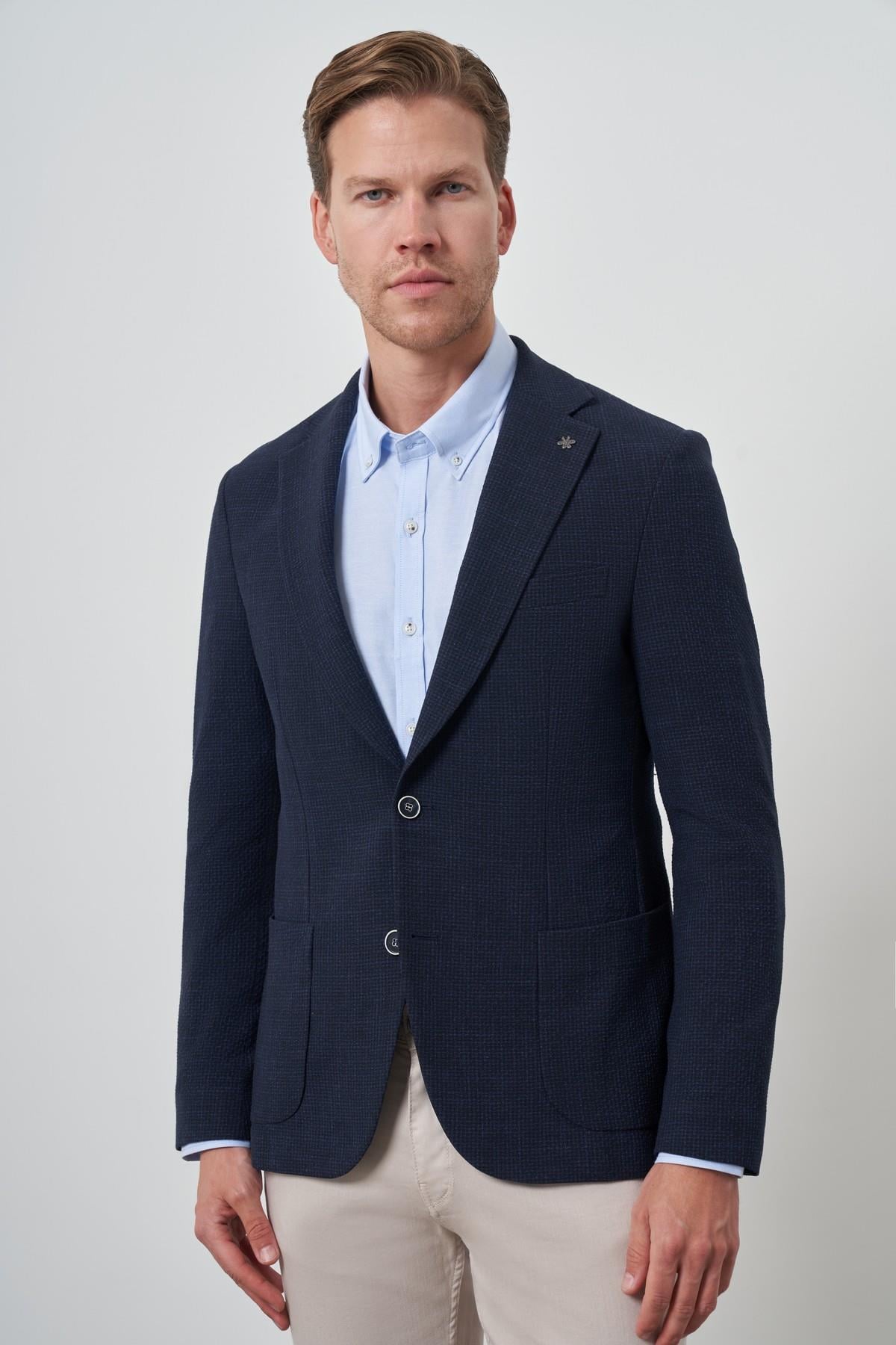 Morven Erkek Lacivert Dokuma Slim Fit Mono Yaka Ceket