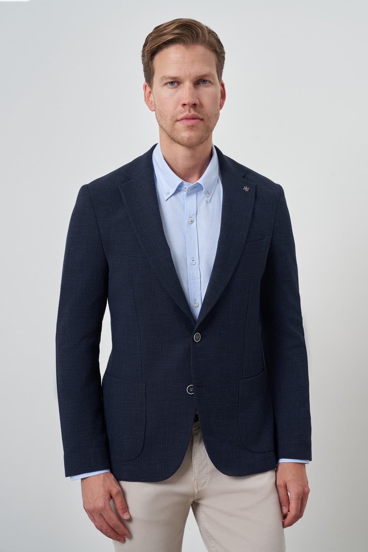 Morven Erkek Lacivert Dokuma Slim Fit Mono Yaka Ceket