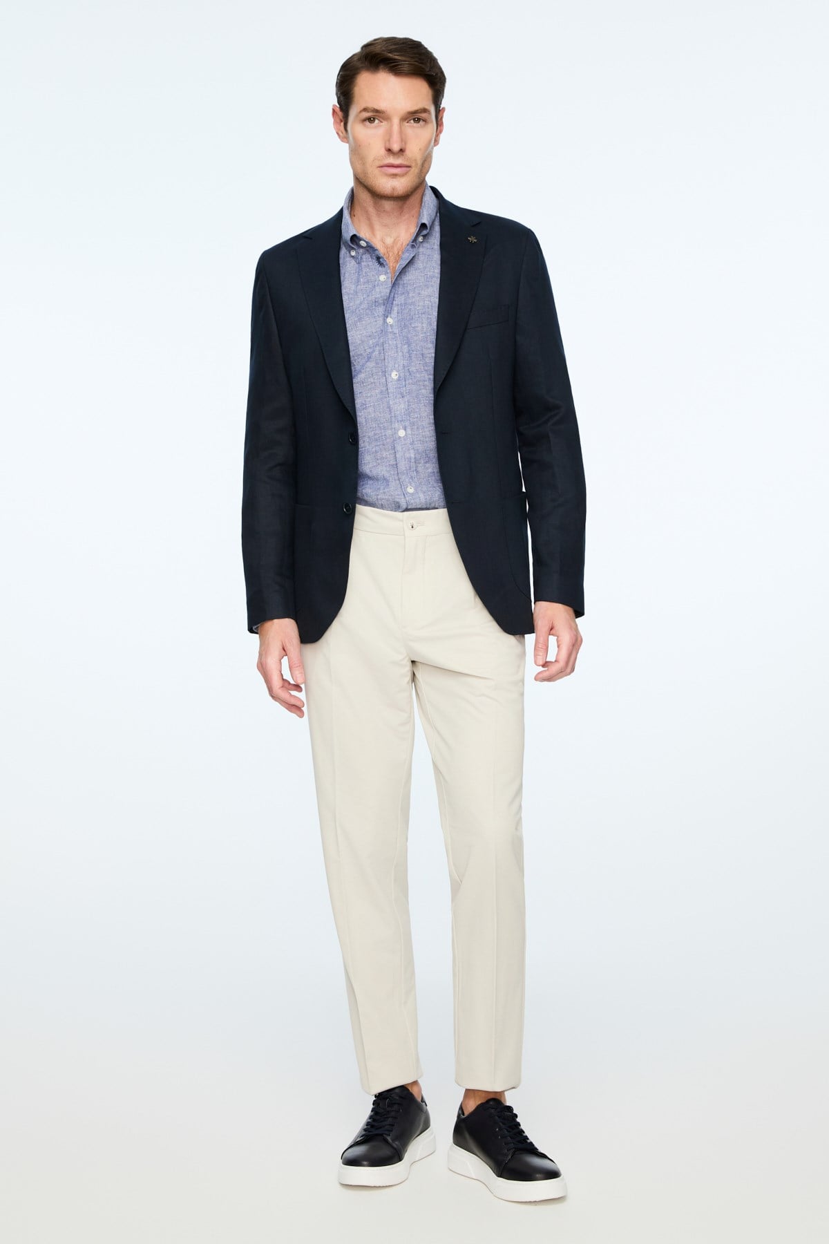 Morven Erkek Lacivert Dokuma Trend Düz Slim Fit Mono Yaka Ceket