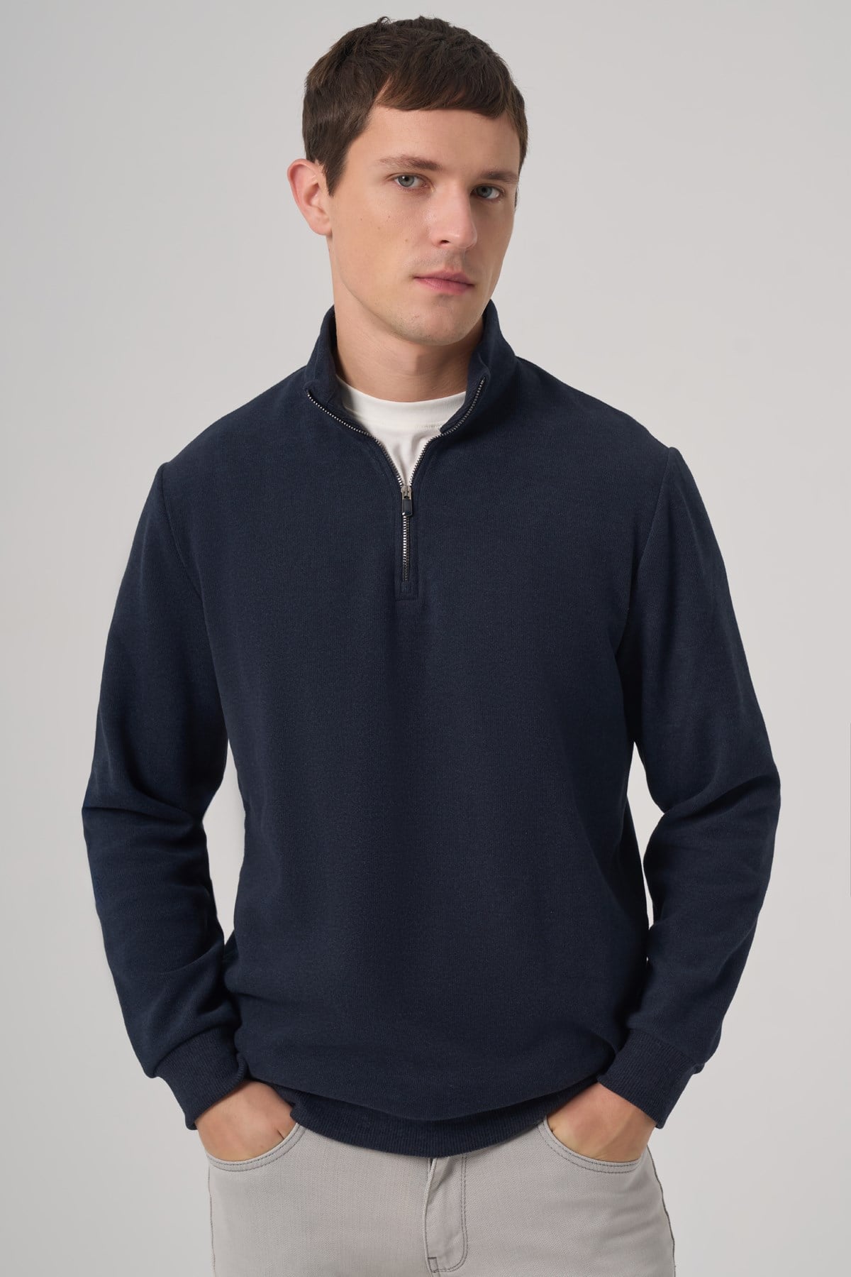 Morven Erkek Lacivert Fermuarlı Bato Yaka Dynamic Fit Sweatshirt