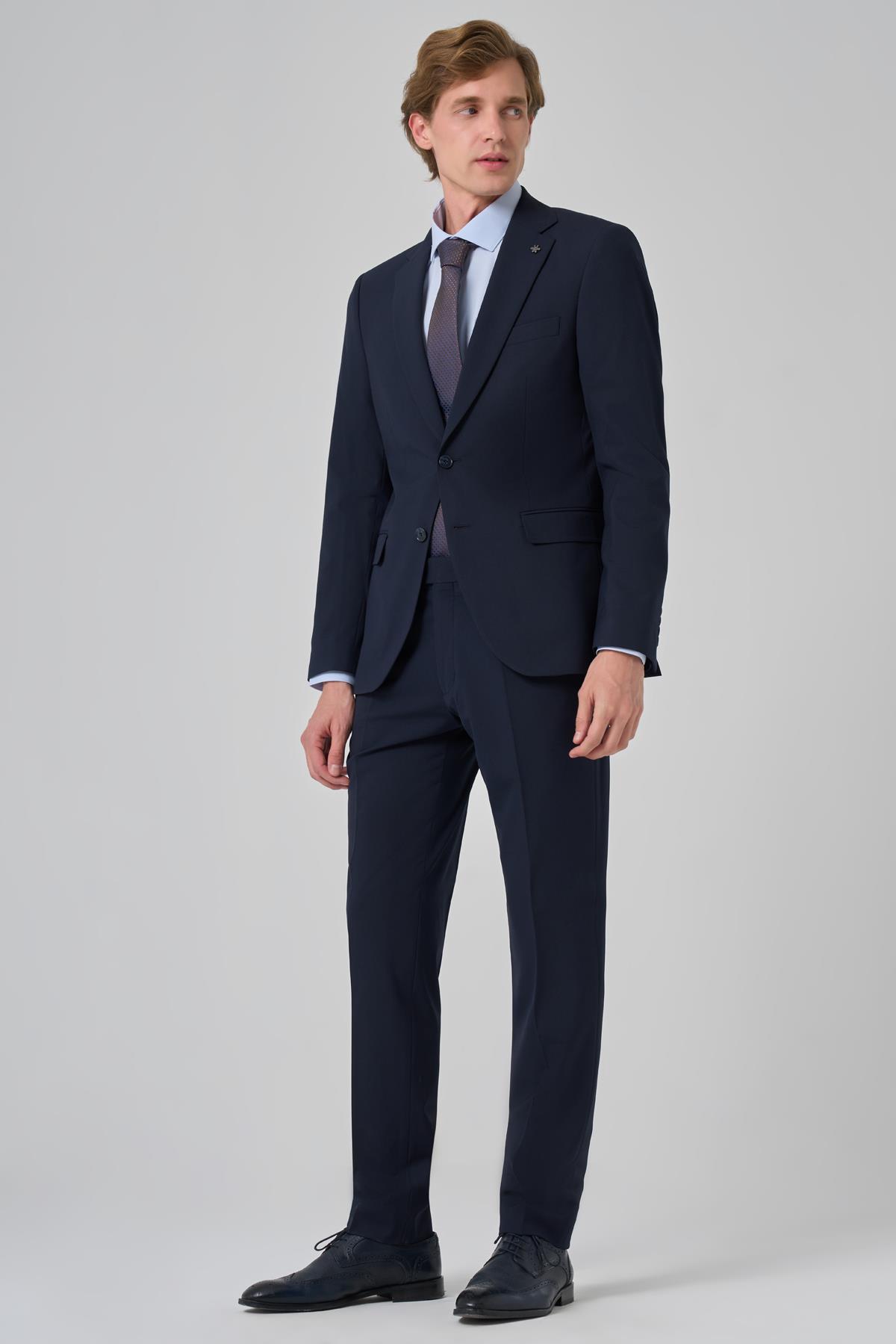 Morven Erkek Lacivert Slim Fit Mono Yaka Yelekli Takım Elbise
