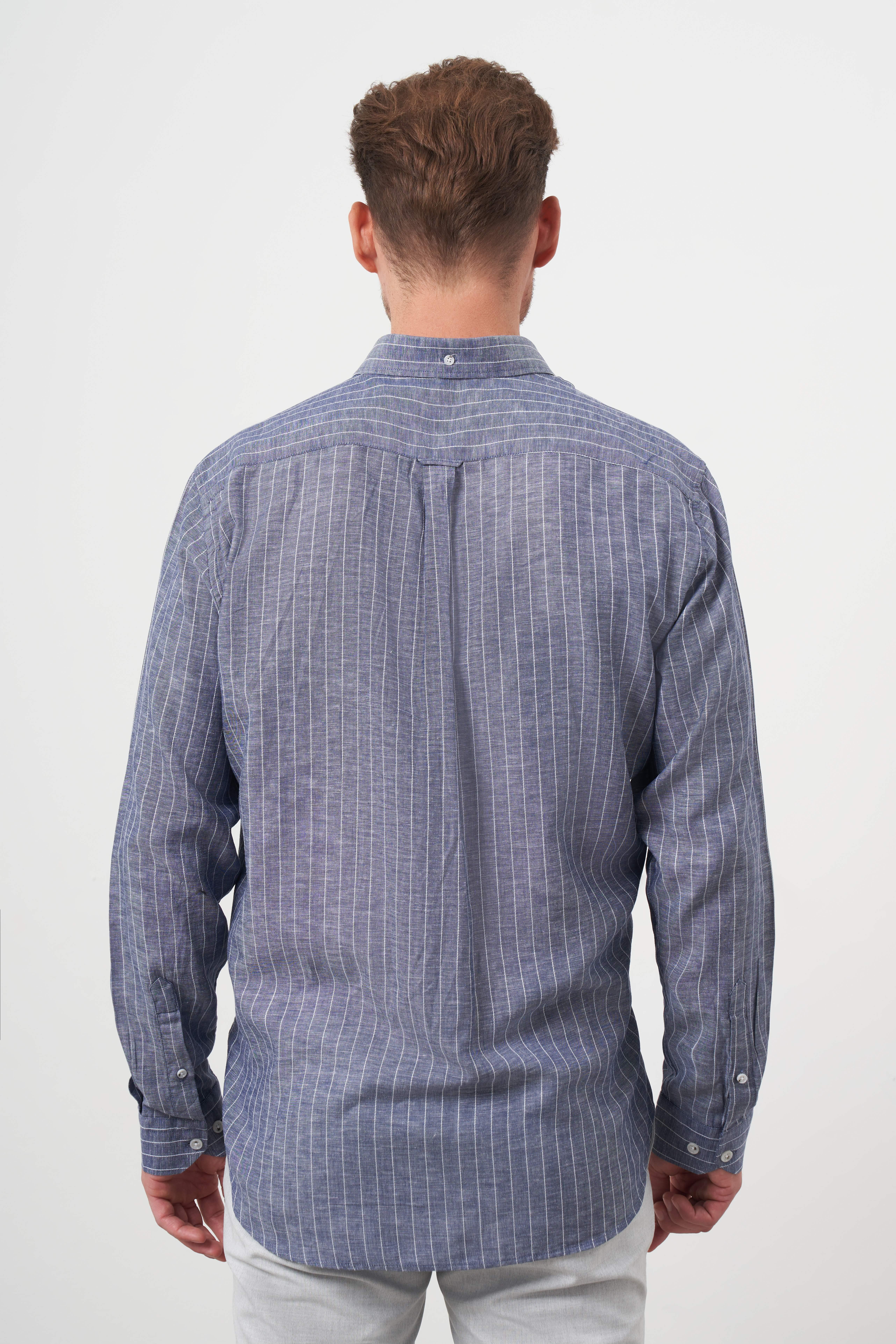 Morven Erkek Lacivert Keten Çizgili Düğmeli Yaka Regular Fit Gömlek