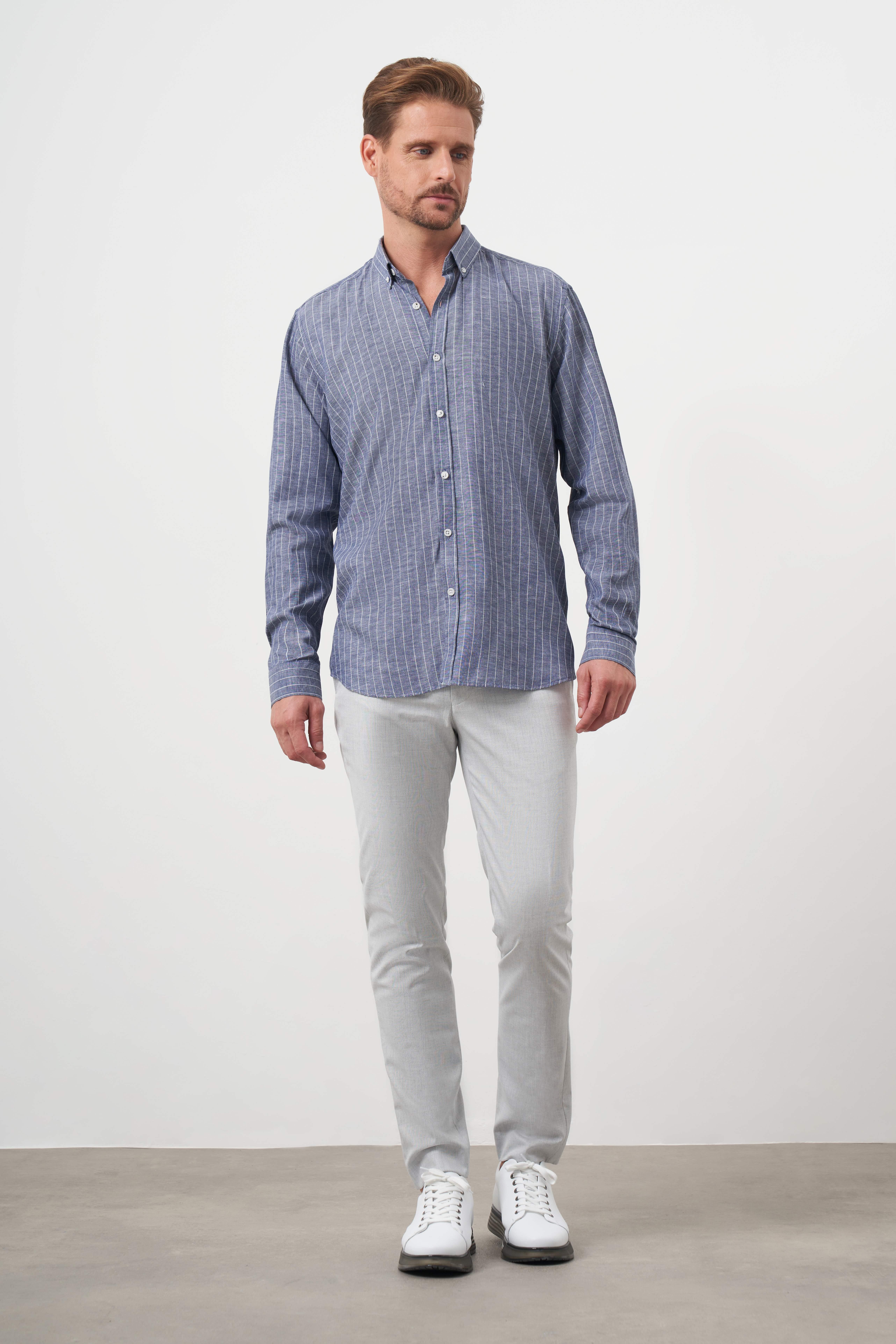 Morven Erkek Lacivert Keten Çizgili Düğmeli Yaka Regular Fit Gömlek