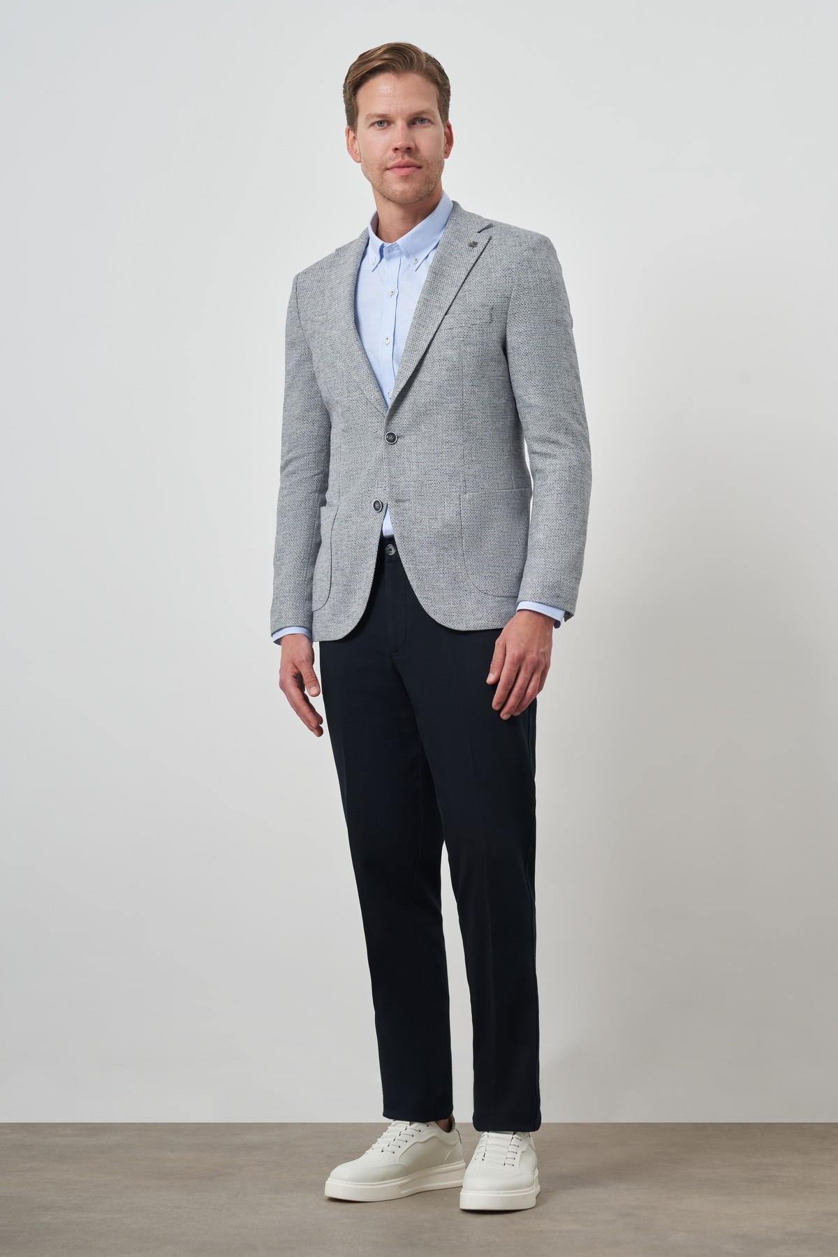 Morven Erkek Lacivert Keten Dokuma Slim Fit Mono Yaka Ceket