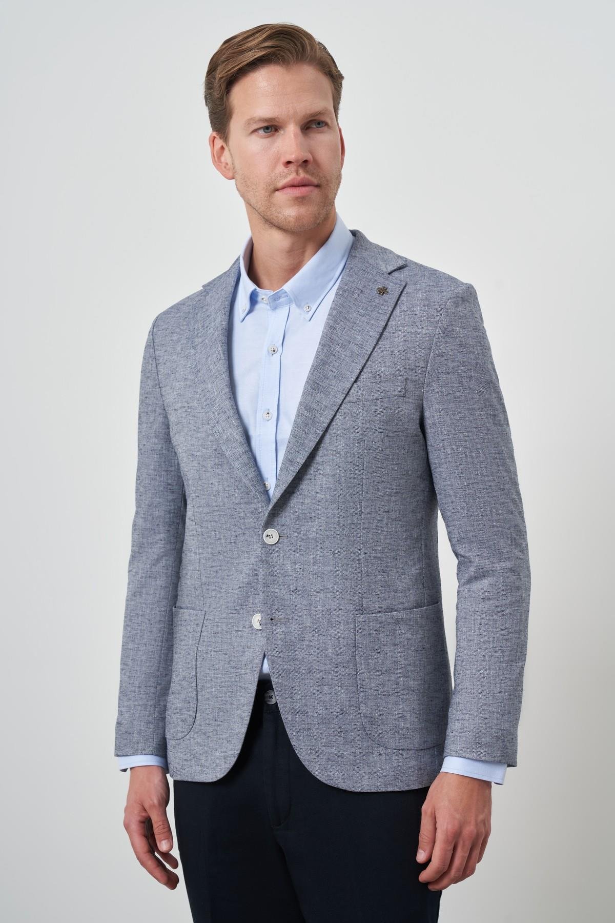 Morven Erkek Lacivert Keten Dokuma Slim Fit Mono Yaka Ceket