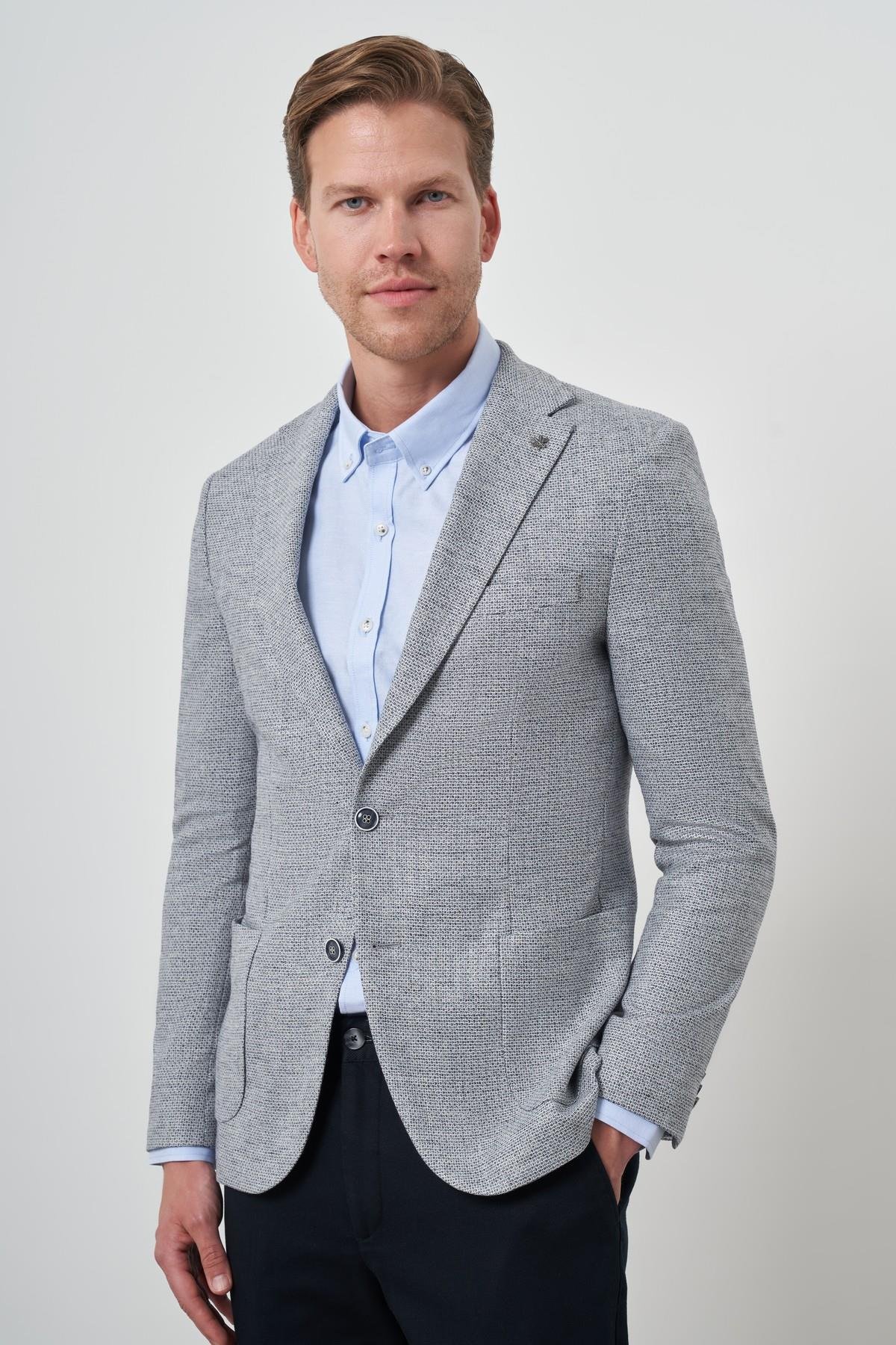 Morven Erkek Lacivert Keten Dokuma Slim Fit Mono Yaka Ceket