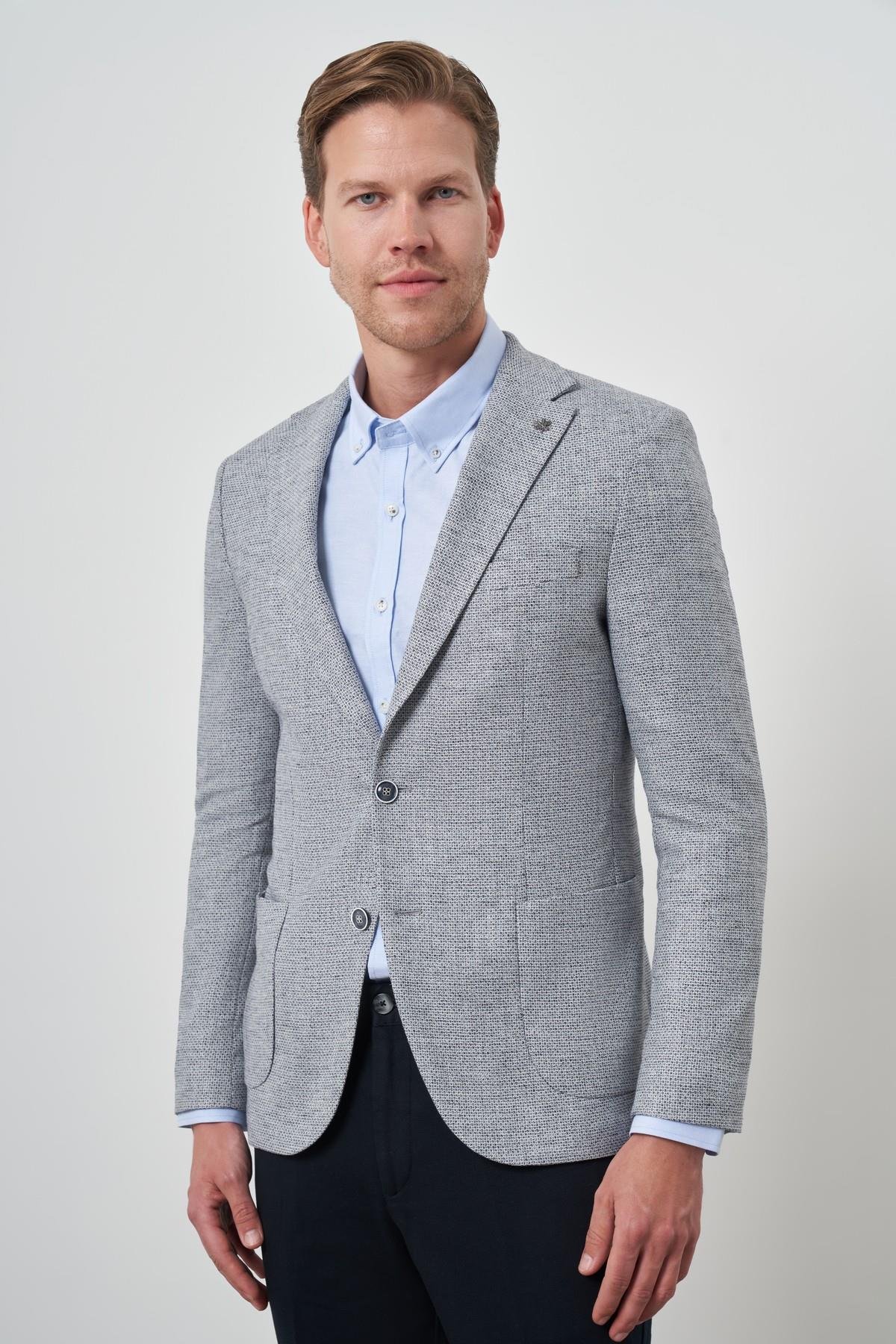 Morven Erkek Lacivert Keten Dokuma Slim Fit Mono Yaka Ceket