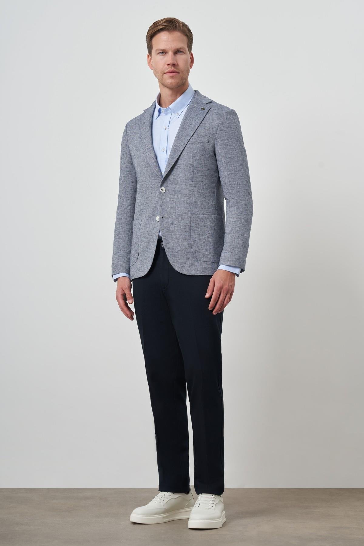 Morven Erkek Lacivert Keten Dokuma Slim Fit Mono Yaka Ceket