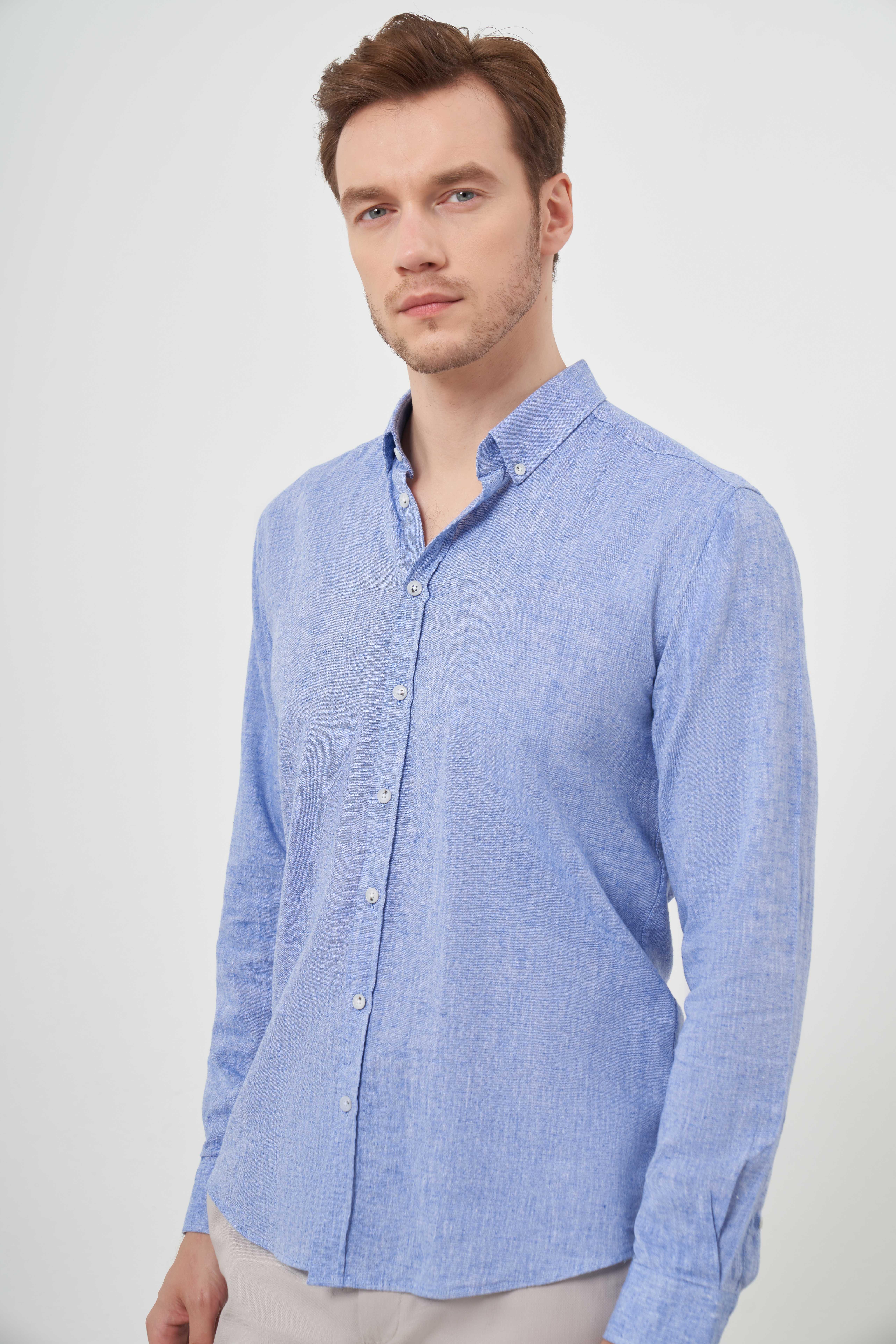 Morven Erkek Lacivert Keten Düz Desen Düğmeli Yaka Slim Fit Gömlek