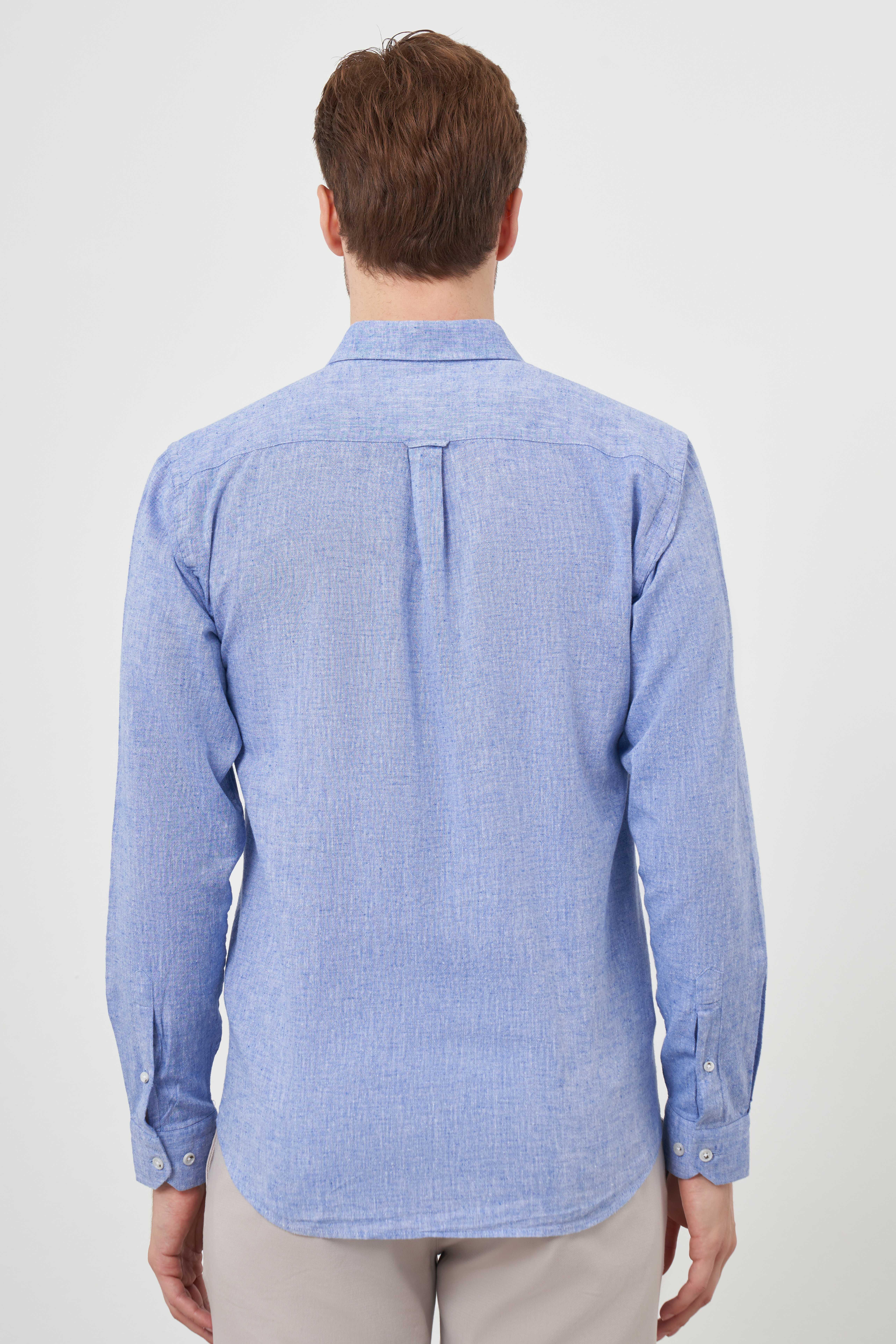 Morven Erkek Lacivert Keten Düz Desen Düğmeli Yaka Slim Fit Gömlek