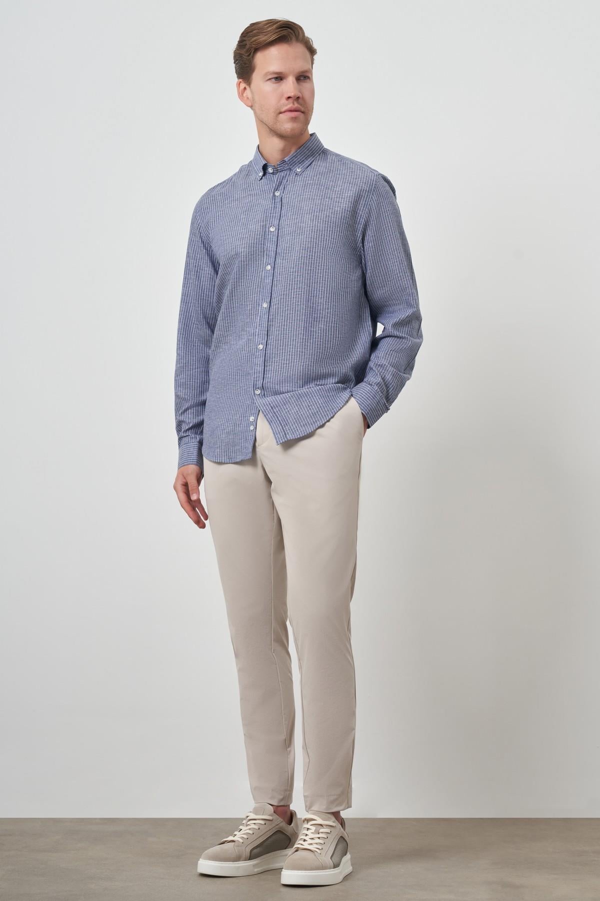 Morven Erkek Lacivert Keten Dynamic Fit Düğmeli Yaka Gömlek