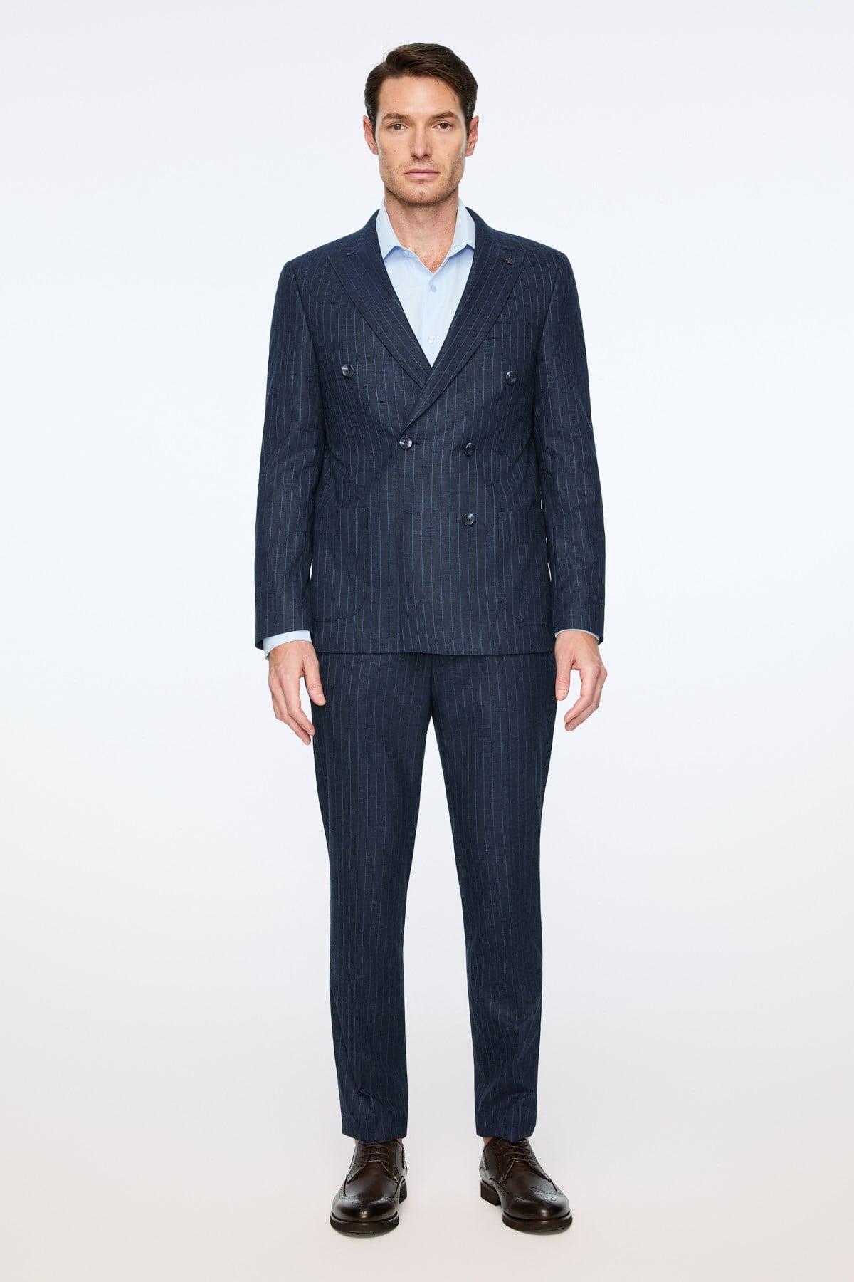 Morven Erkek Lacivert Keten Trend Çizgili Slim Fit Sivri Yaka Kruvaze Takım Elbise