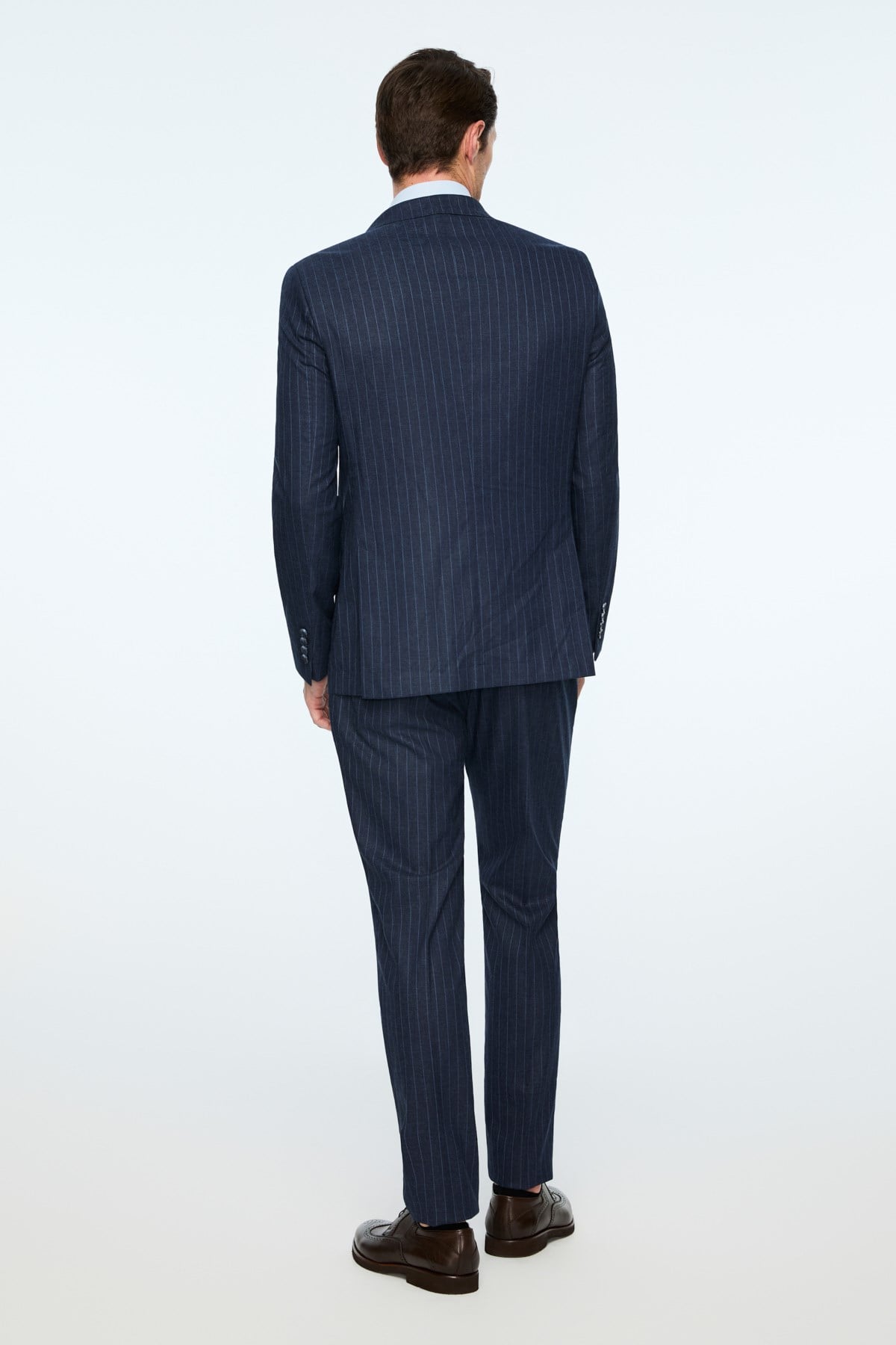 Morven Erkek Lacivert Keten Trend Çizgili Slim Fit Sivri Yaka Kruvaze Takım Elbise