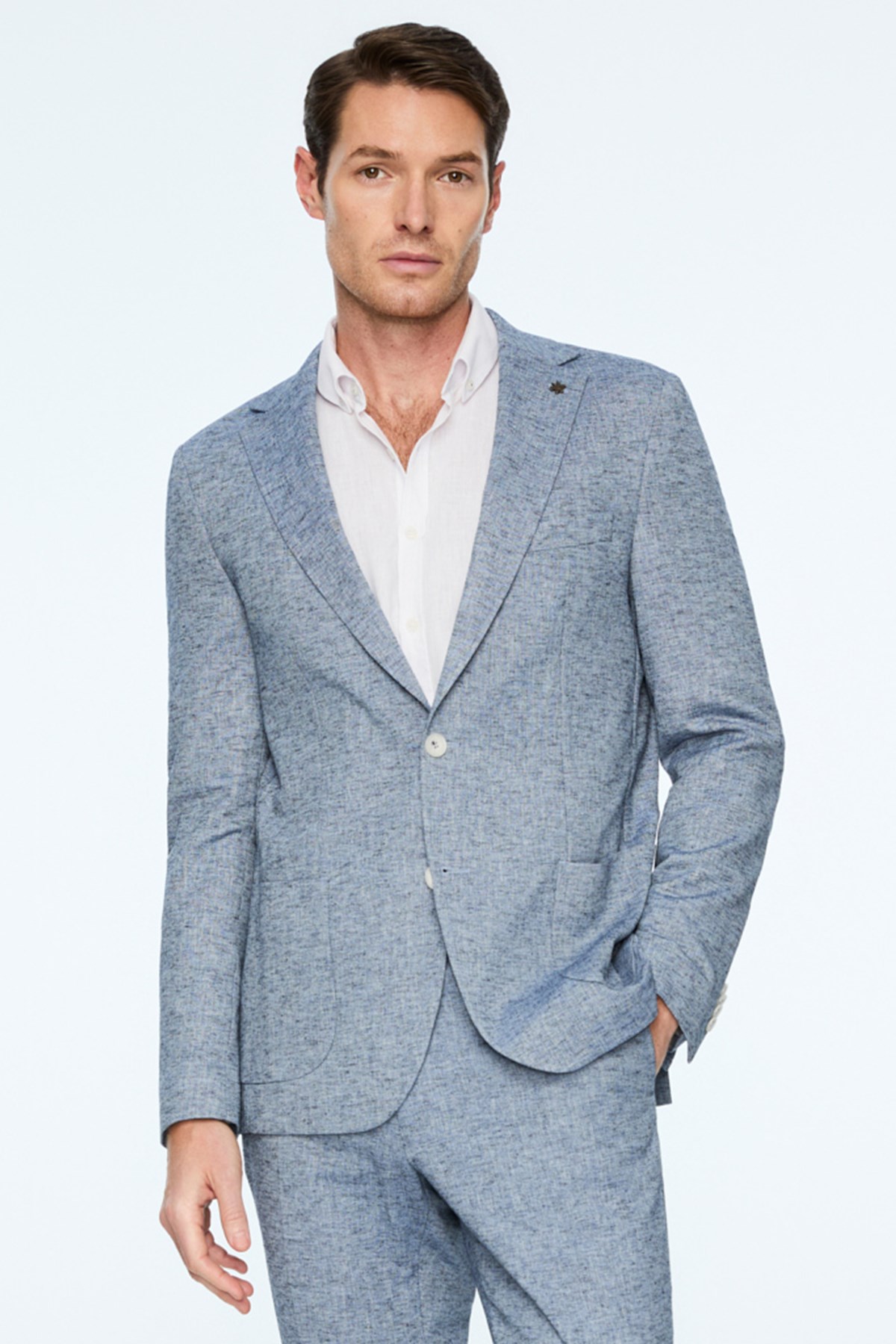 Morven Erkek Lacivert Keten Trend Desenli Slim Fit Mono Yaka Ceket