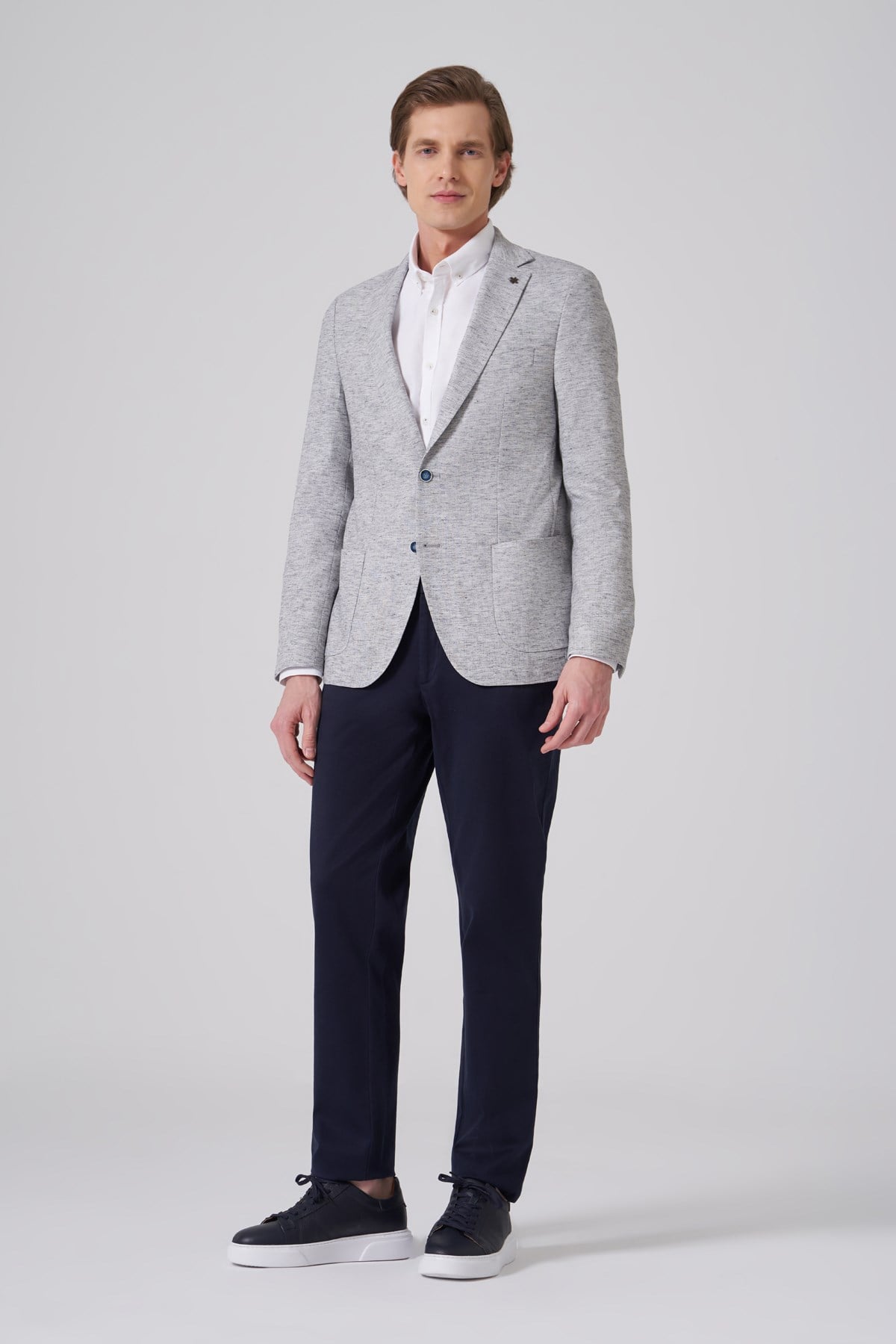 Morven Erkek Lacivert Keten Trend Desenli Slim Fit Mono Yaka Ceket