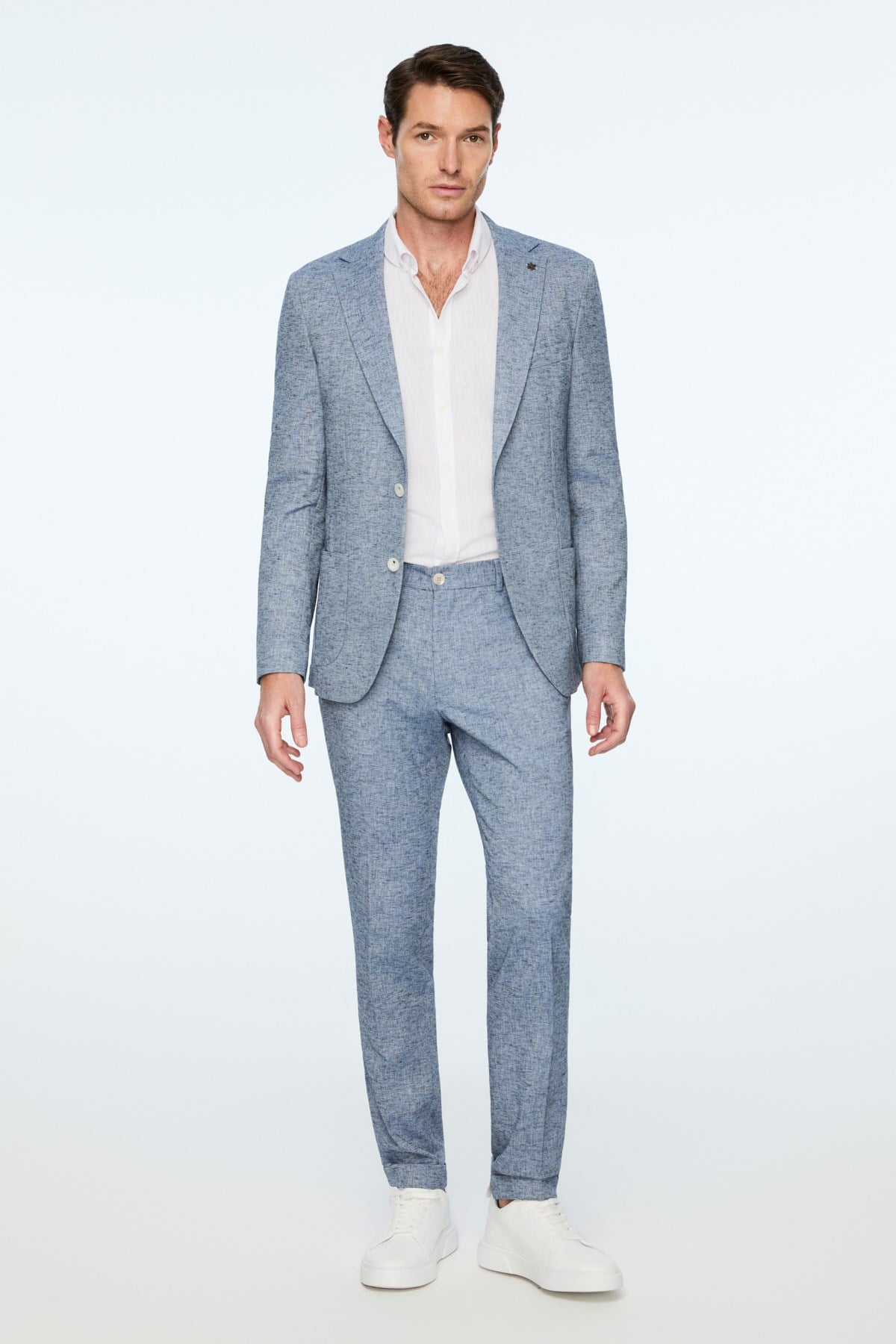 Morven Erkek Lacivert Keten Trend Desenli Slim Fit Mono Yaka Ceket
