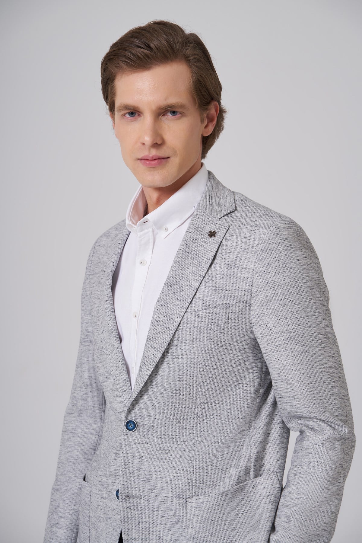 Morven Erkek Lacivert Keten Trend Desenli Slim Fit Mono Yaka Ceket