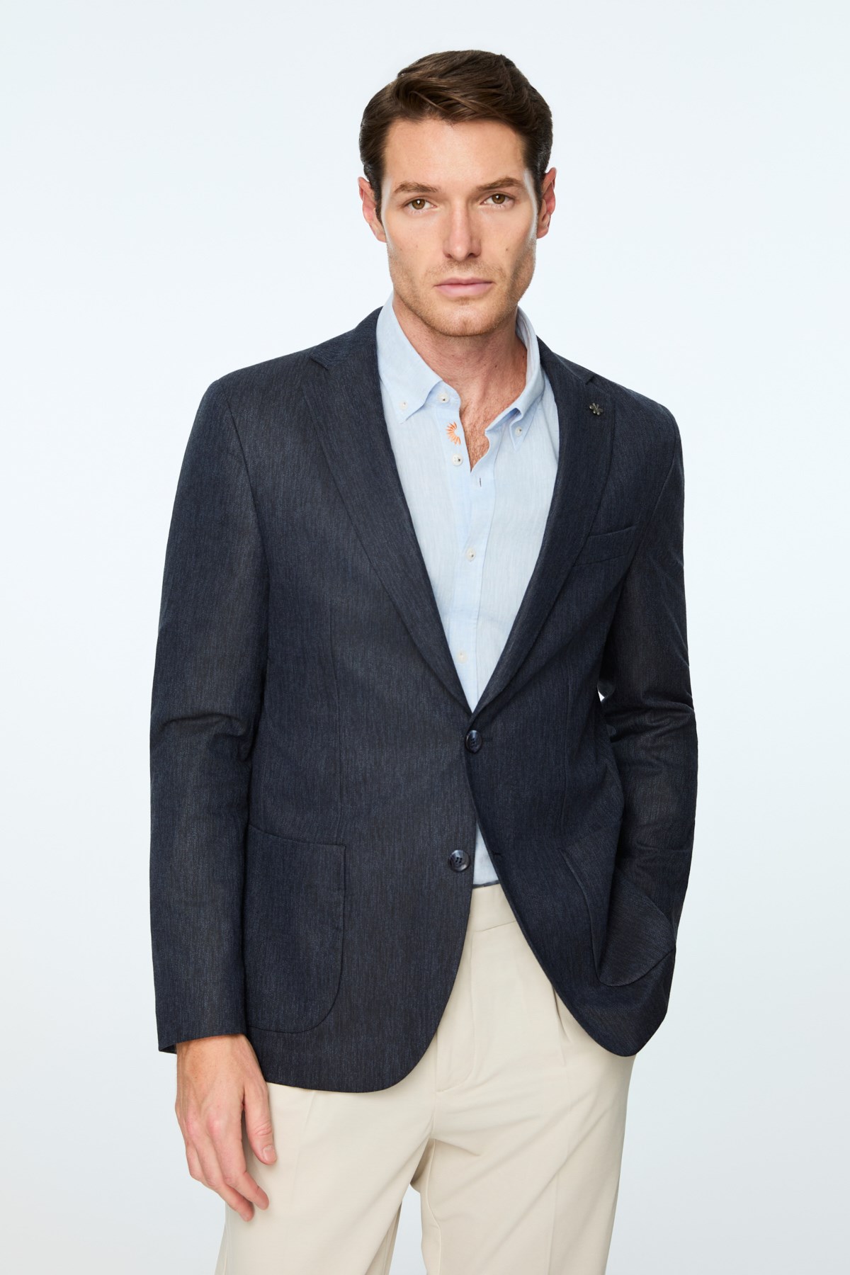 Morven Erkek Lacivert Keten Trend Desenli Slim Fit Ceket