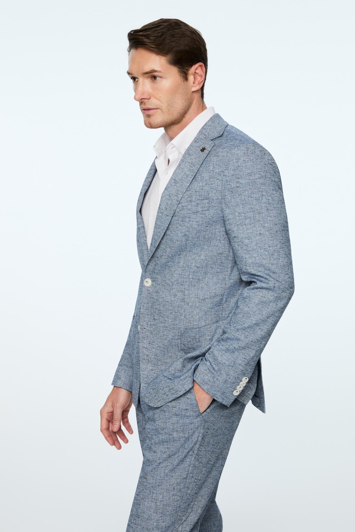 Morven Erkek Lacivert Keten Trend Desenli Slim Fit Mono Yaka Ceket