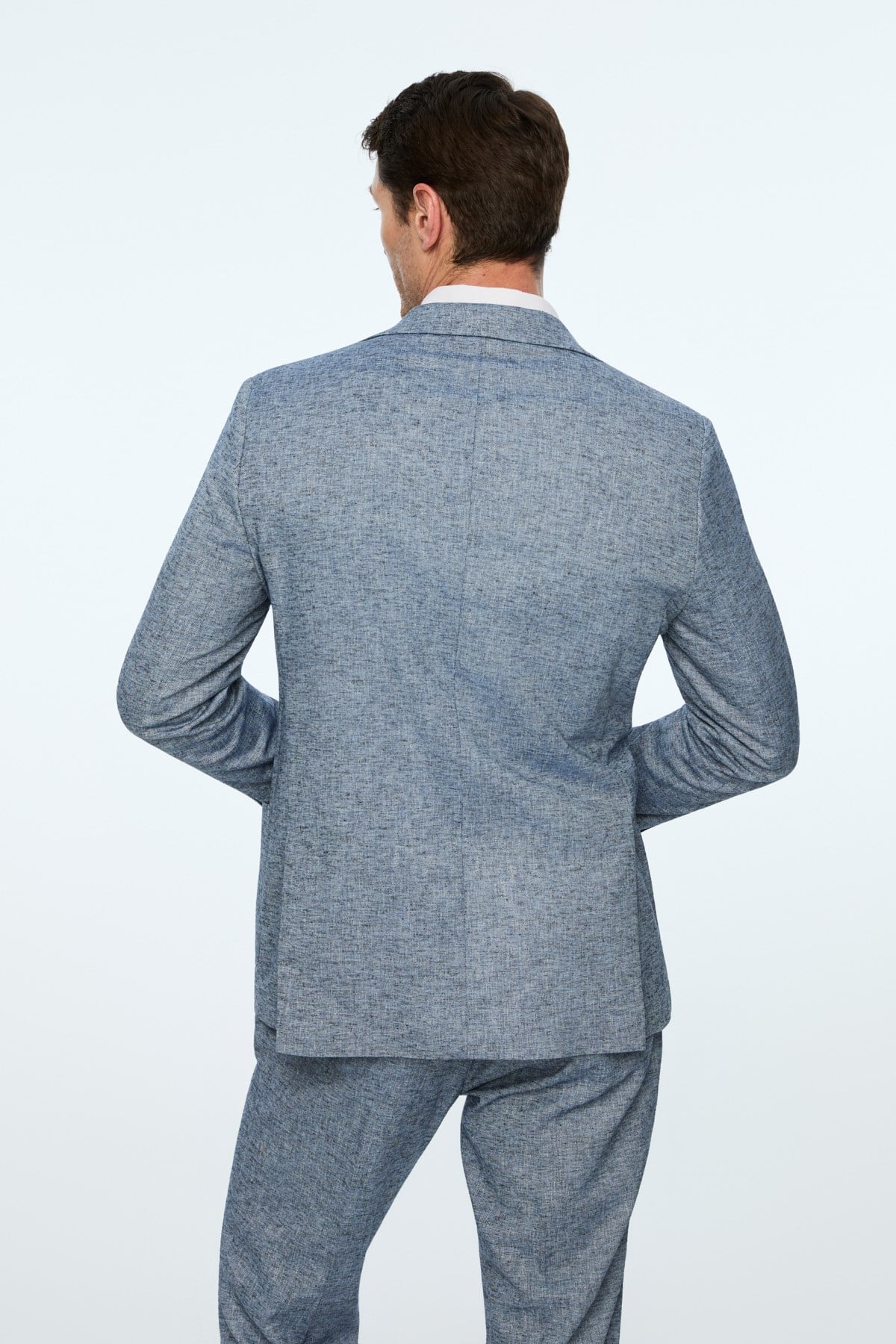 Morven Erkek Lacivert Keten Trend Desenli Slim Fit Mono Yaka Ceket