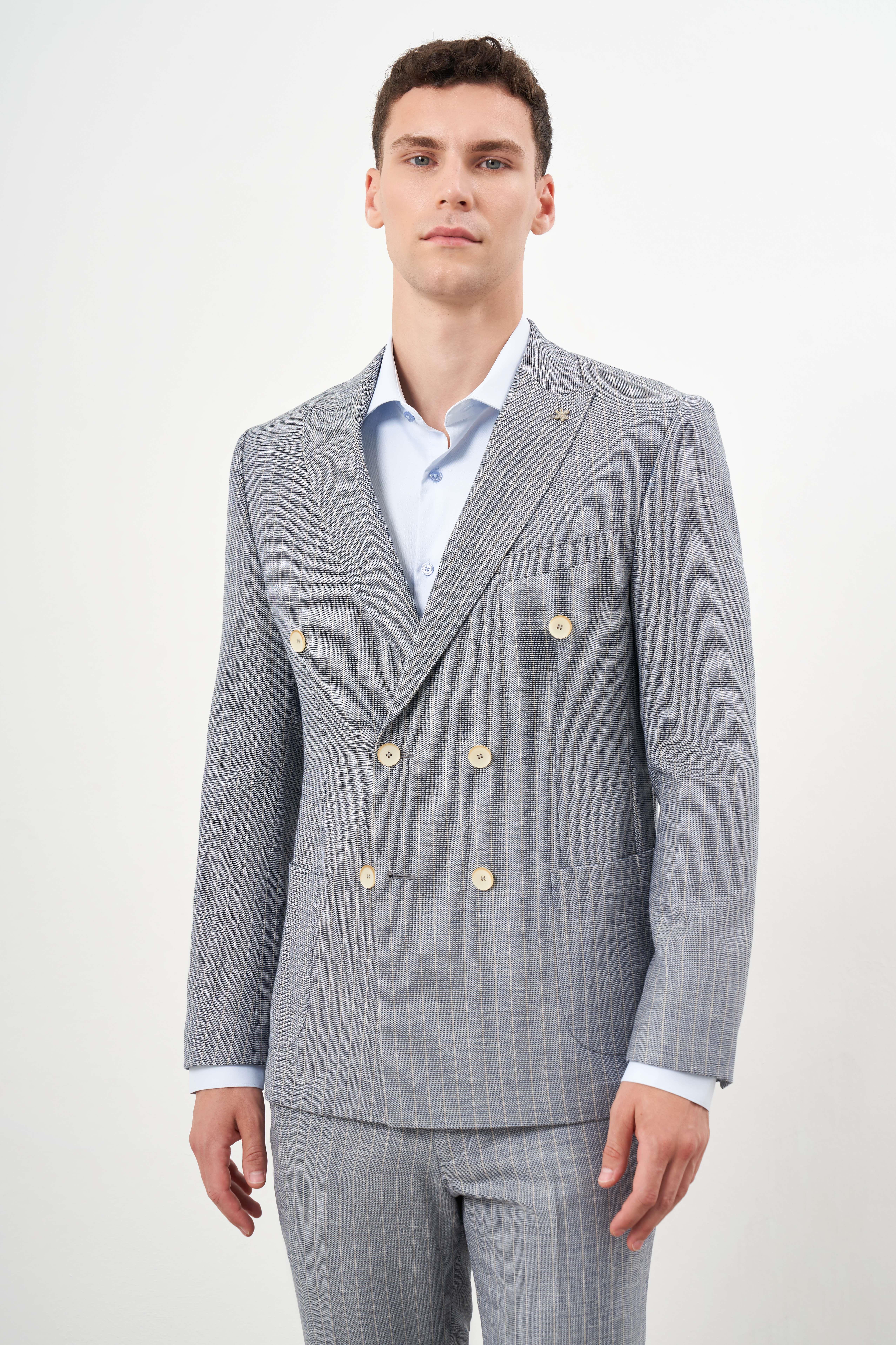 Morven Erkek Lacivert Keten Trend Kruvaze Slim Fit Sivri Yaka Takım Elbise