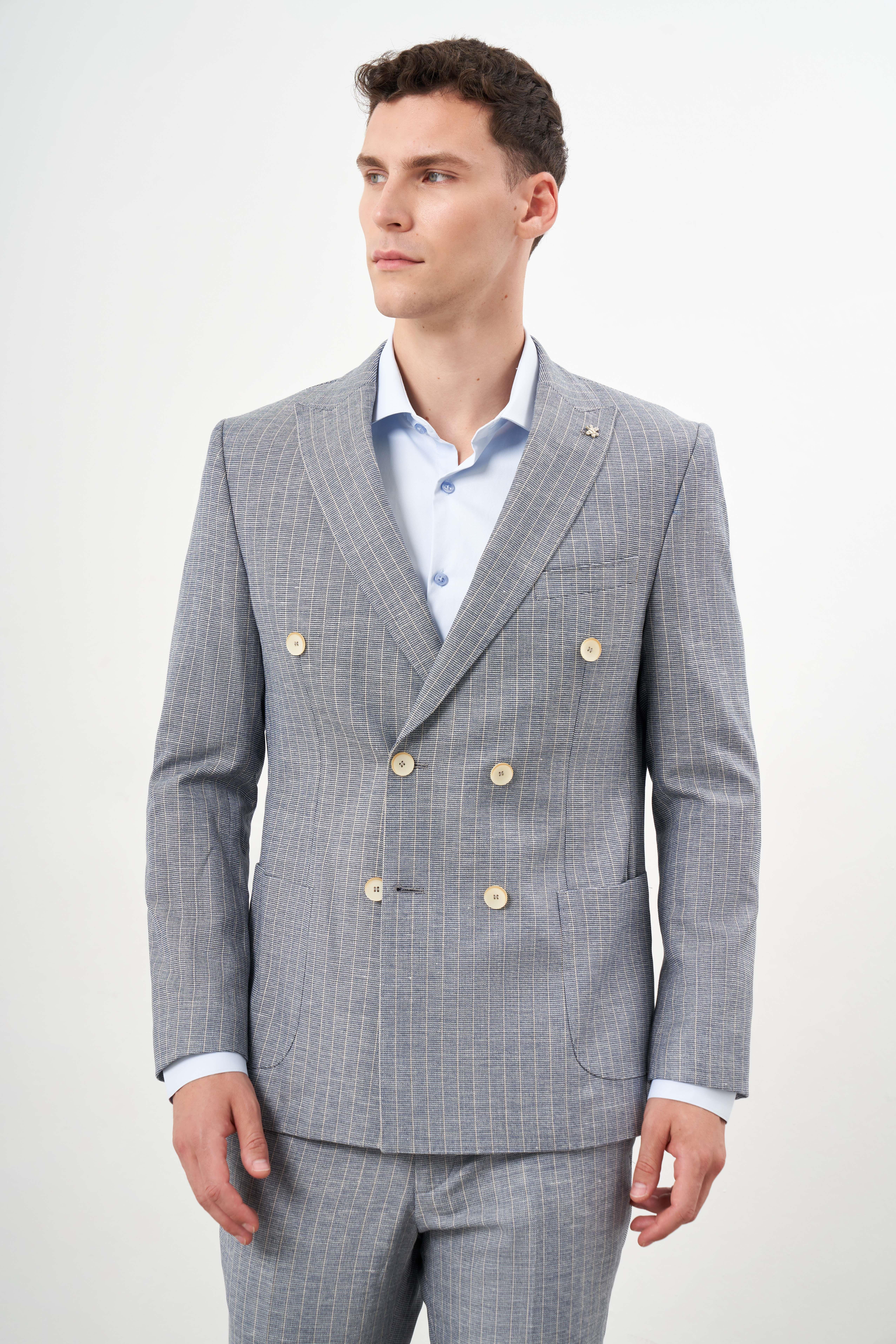 Morven Erkek Lacivert Keten Trend Kruvaze Slim Fit Sivri Yaka Takım Elbise