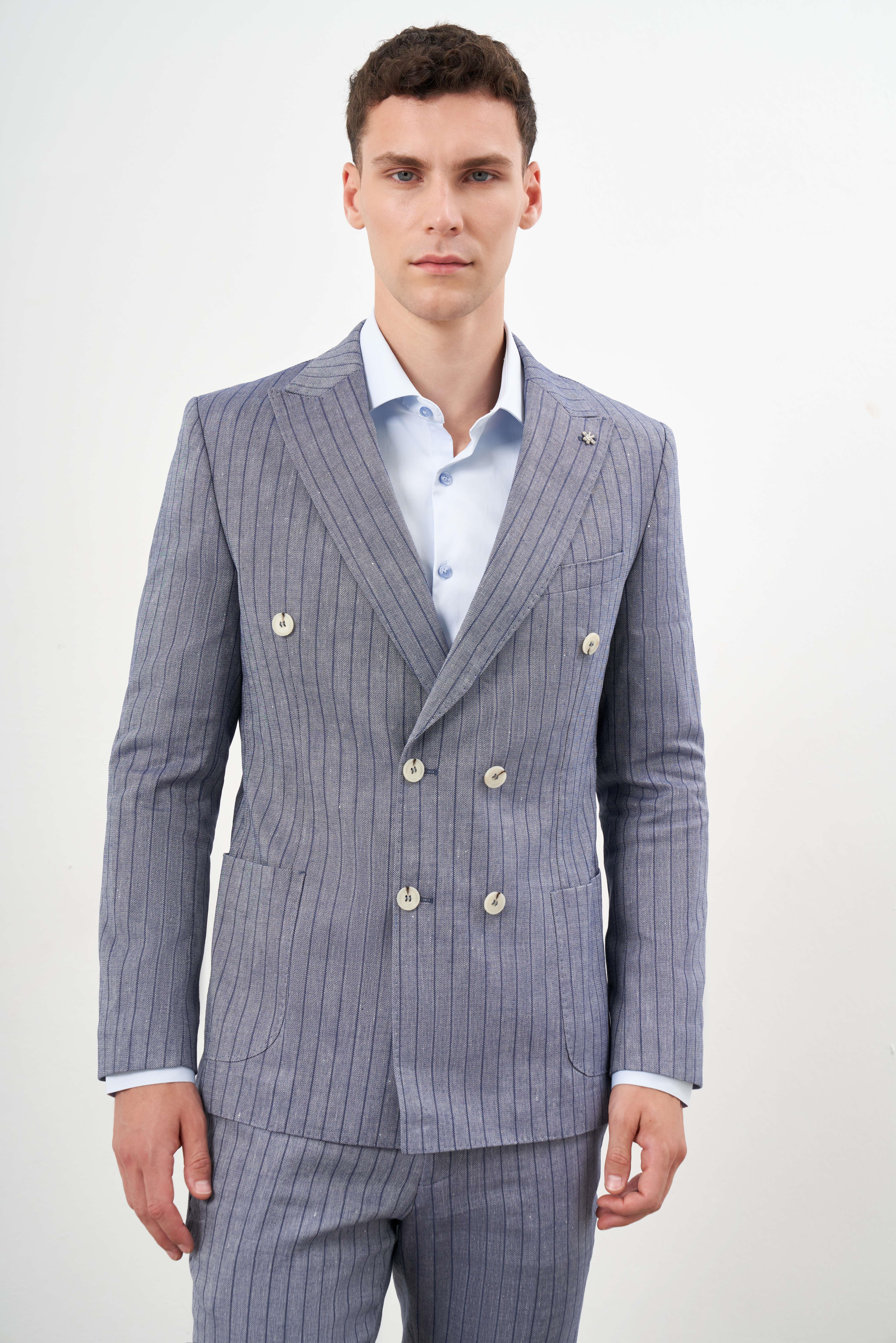 Morven Erkek Lacivert Keten Trend Kruvaze Slim Fit Sivri Yaka Takım Elbise