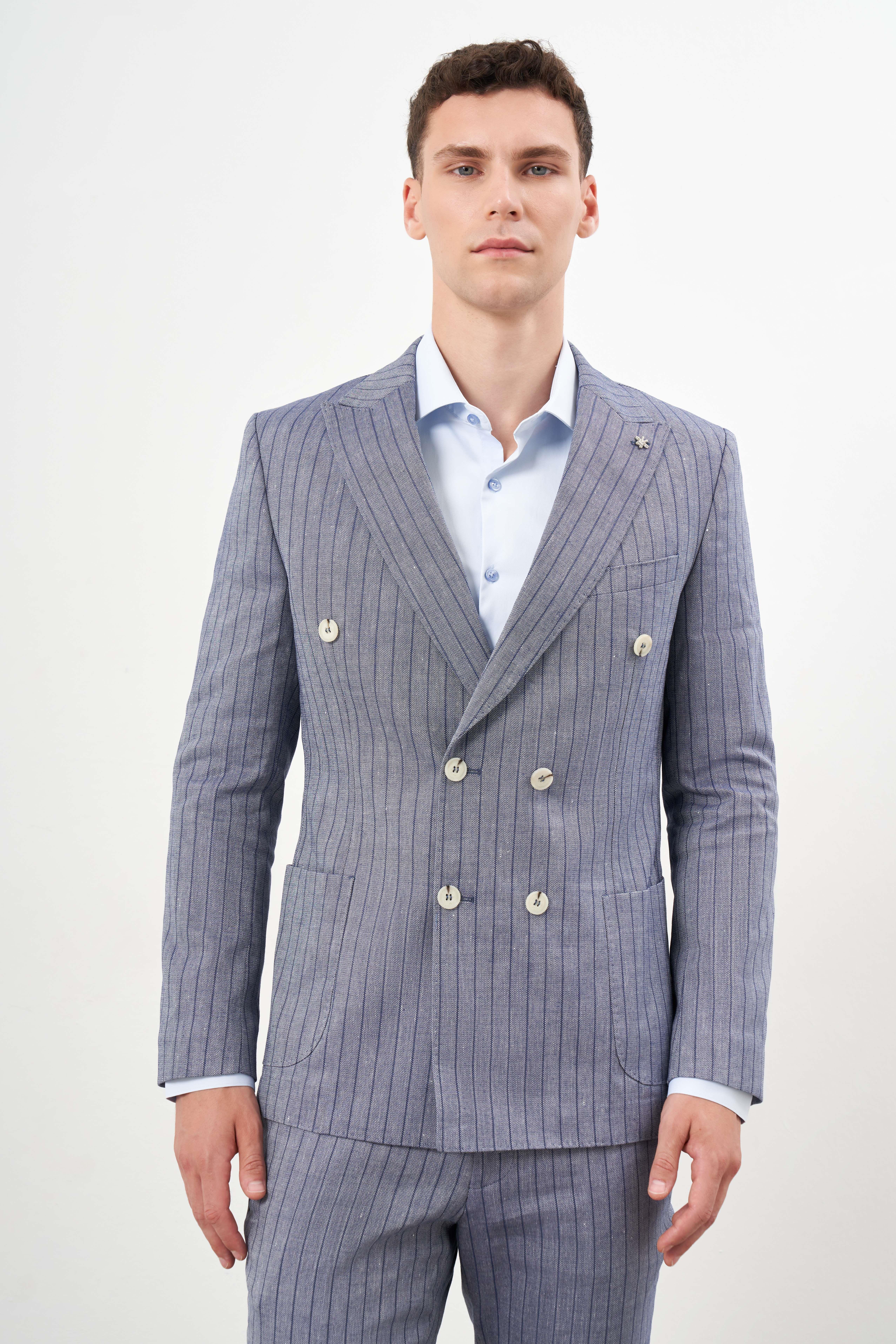 Morven Erkek Lacivert Keten Trend Kruvaze Slim Fit Sivri Yaka Takım Elbise