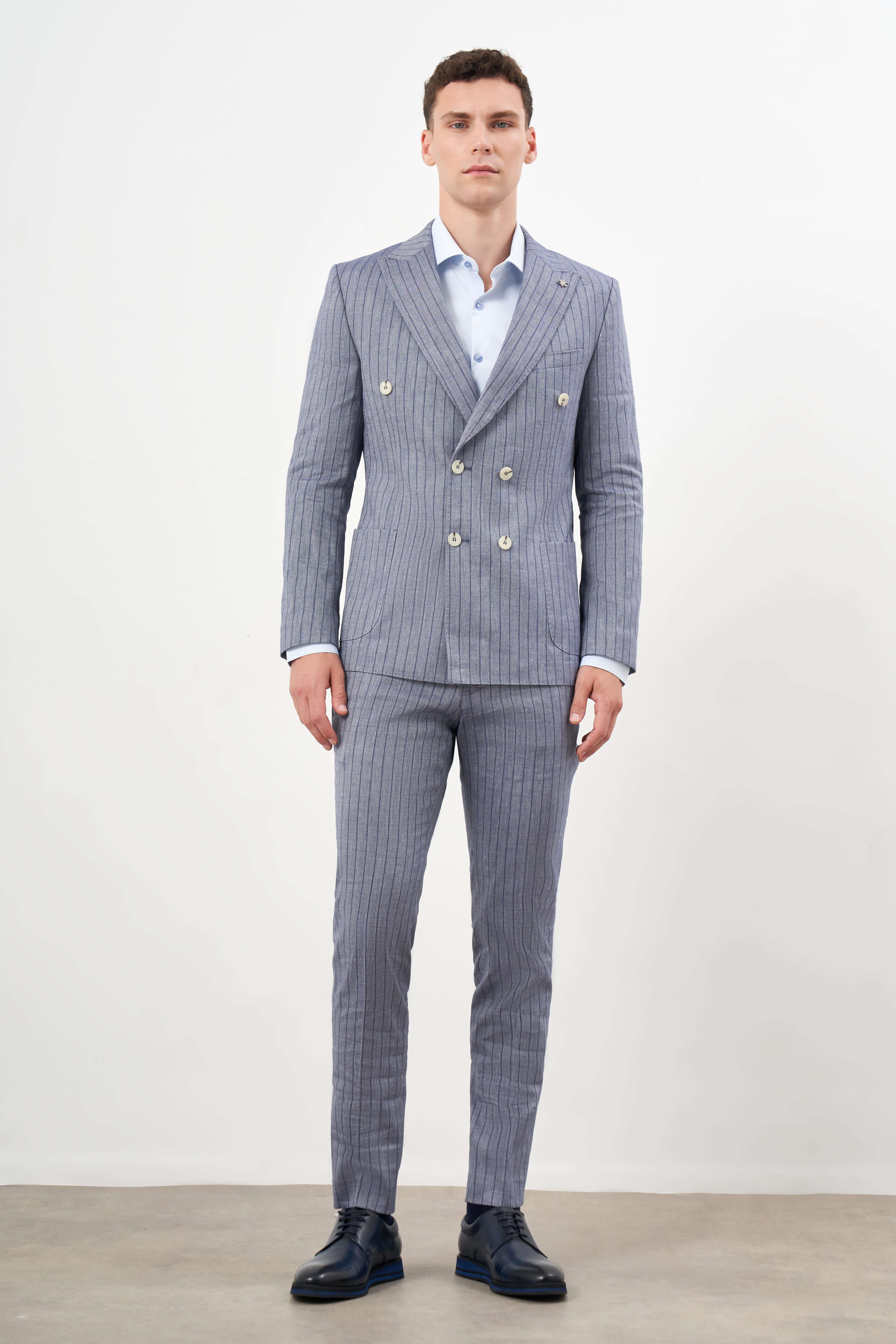 Morven Erkek Lacivert Keten Trend Kruvaze Slim Fit Sivri Yaka Takım Elbise