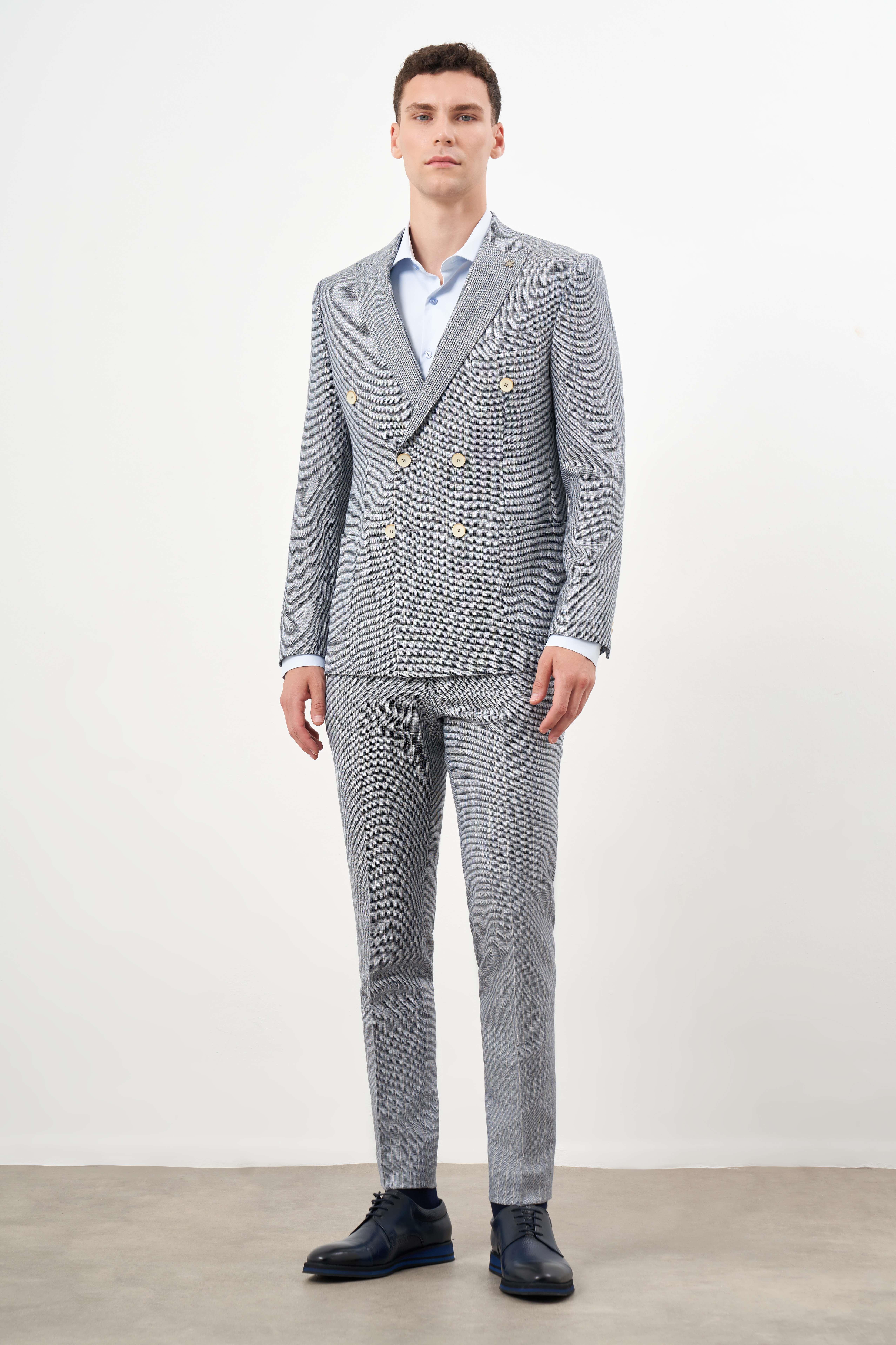 Morven Erkek Lacivert Keten Trend Kruvaze Slim Fit Sivri Yaka Takım Elbise