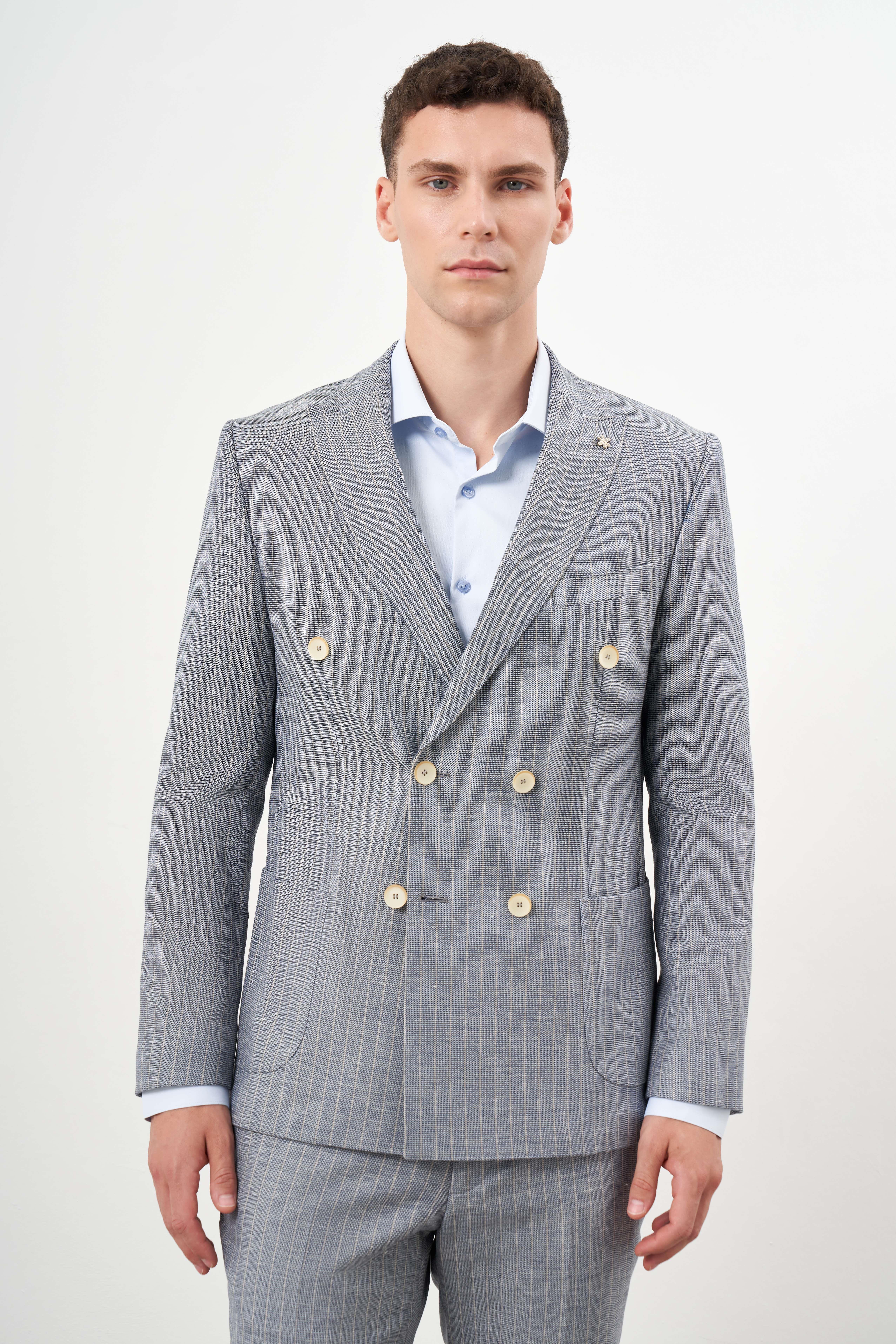 Morven Erkek Lacivert Keten Trend Kruvaze Slim Fit Sivri Yaka Takım Elbise